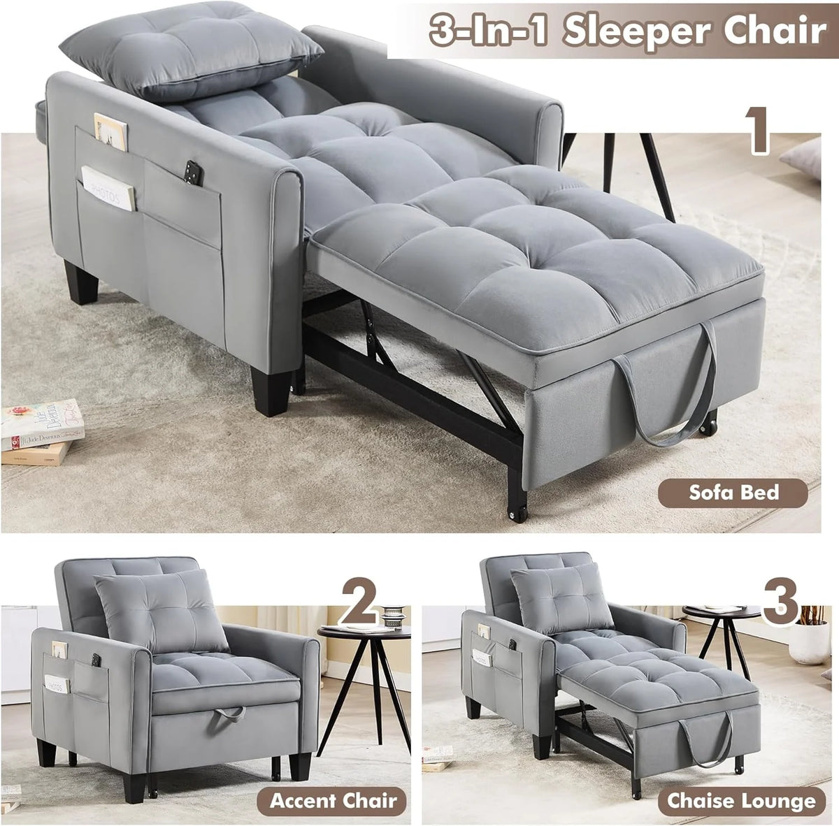 Convertible Sleeper Chair, 3 in 1 Sleeper Chair Bed Pull Out Sofa Bed Chairs, Velvet Single Sofa with Adjustable Backrest