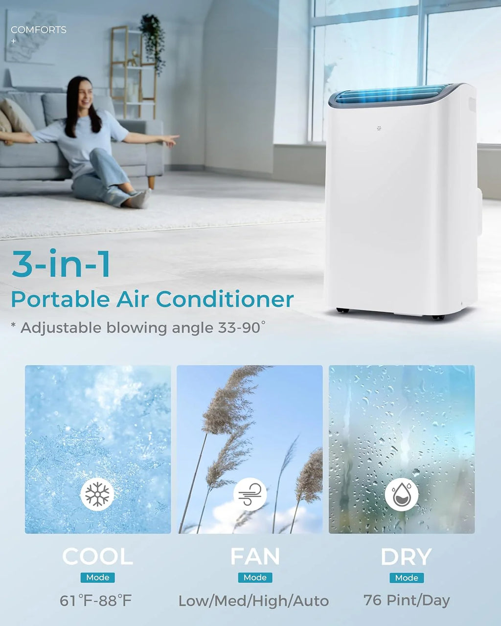 EUHOMY 8,000 BTU Portable Air Conditioners, 4-in-1 Portable AC Unit Up to 350 Sq.Ft, 4 Modes Quiet Air Conditioner with Remote Control, Cool, Fan, Dehumidifier, 24H Timer, Bedroom, Office, Apartments