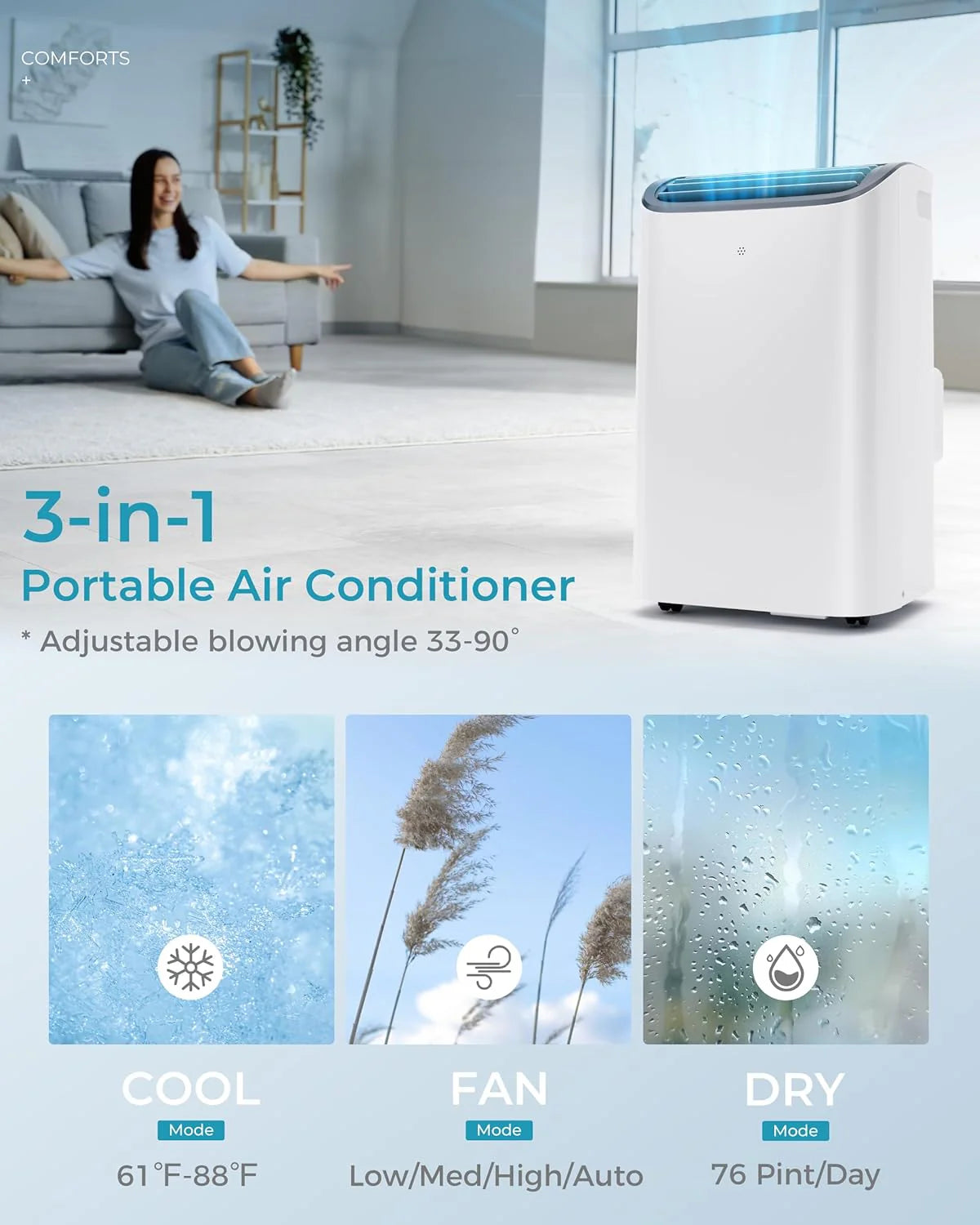 EUHOMY 8,000 BTU Portable Air Conditioners, 4-in-1 Portable AC Unit Up to 350 Sq.Ft, 4 Modes Quiet Air Conditioner with Remote Control, Cool, Fan, Dehumidifier, 24H Timer, Bedroom, Office, Apartments