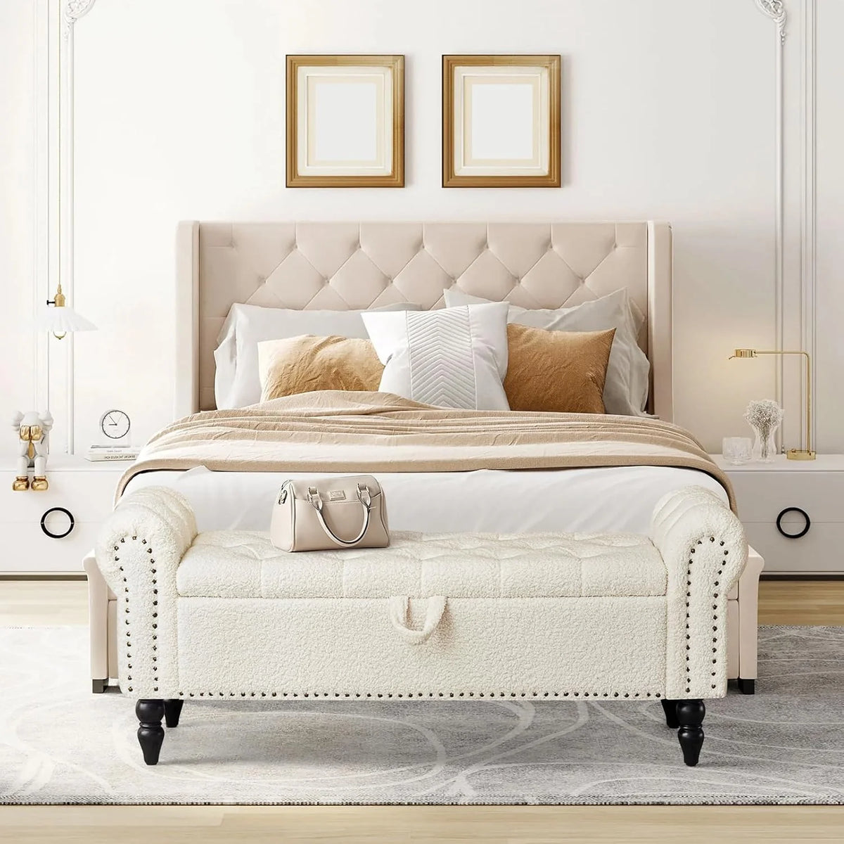 Furniliving Modern Storage Ottoman Bench, Sherpa Ottoman End of Bed Bench with Solid Wood Legs Upholstered Ottoman Benches with Storage Indoor Bench