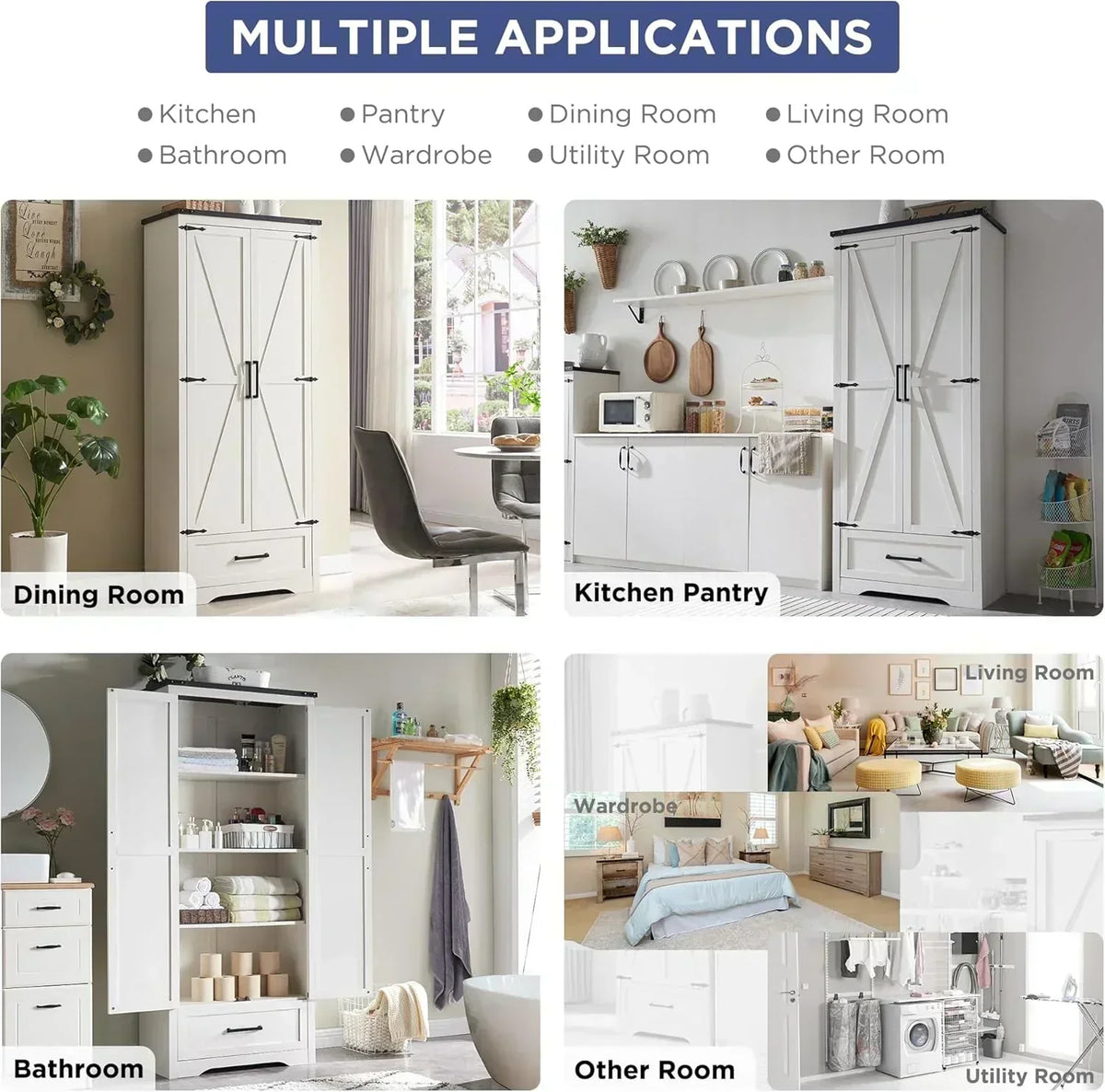 JXQTLINGMU Farmhouse Kitchen Pantry 72 Tall Wood Kitchen Storage Cabinet Adjustable Shelves
