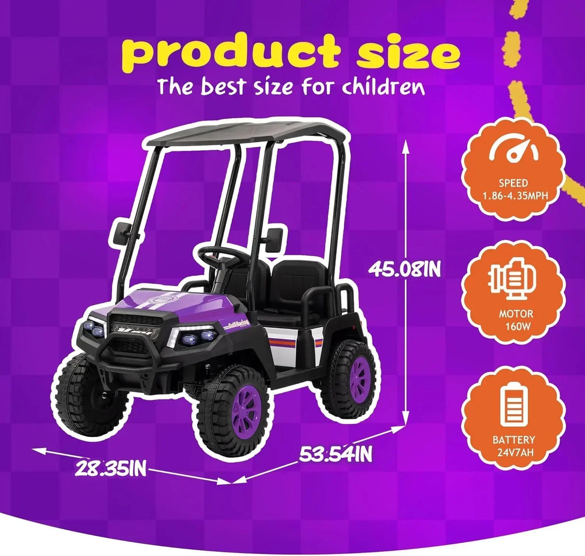 24V 7AH Children's Golf Cart with Remote Control Removable Awning 4-Wheel Spring Suspension