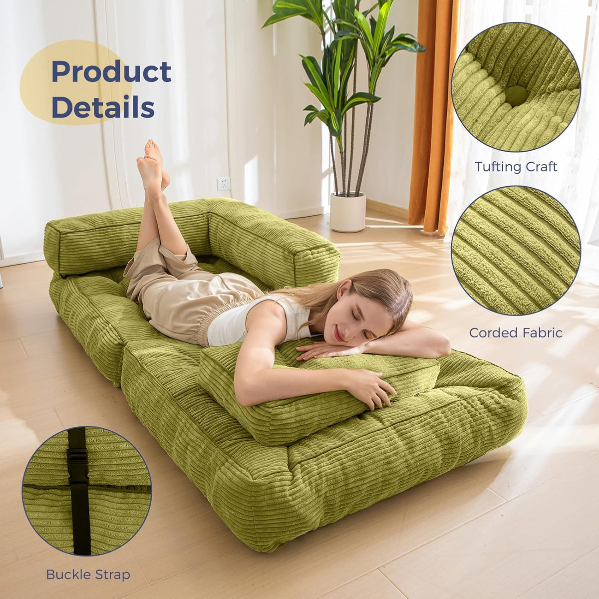 Folding Sofa Bed L-Shaped Convertible Sofa Bed with Armrests and Pillows
