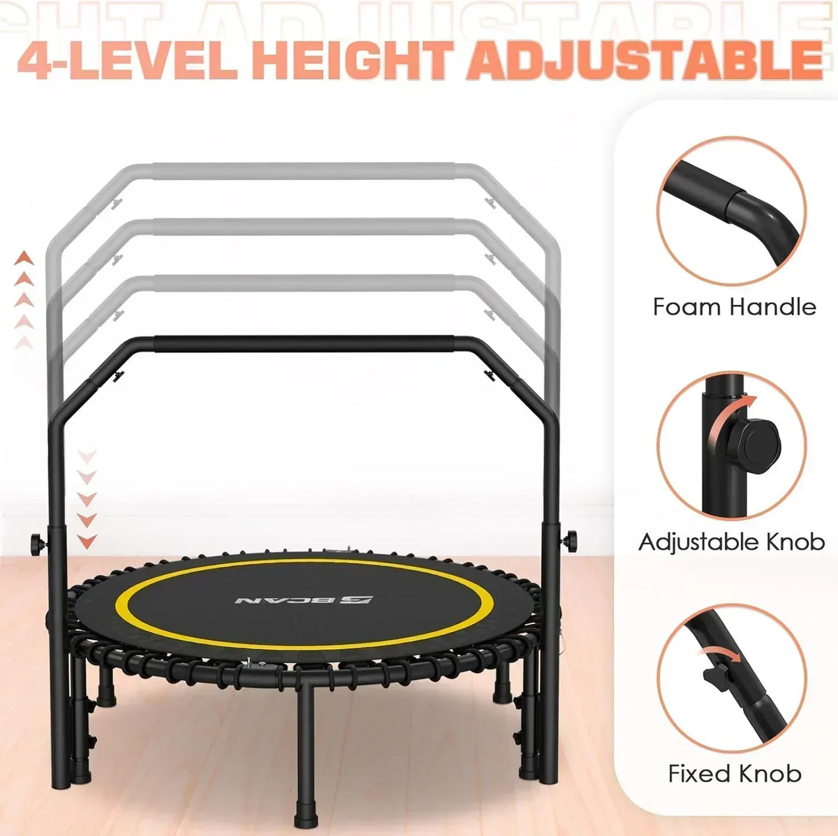 BCAN 450/550 LBS Foldable Mini Trampoline Fitness Trampoline Bungees Adjustable Foam Handle