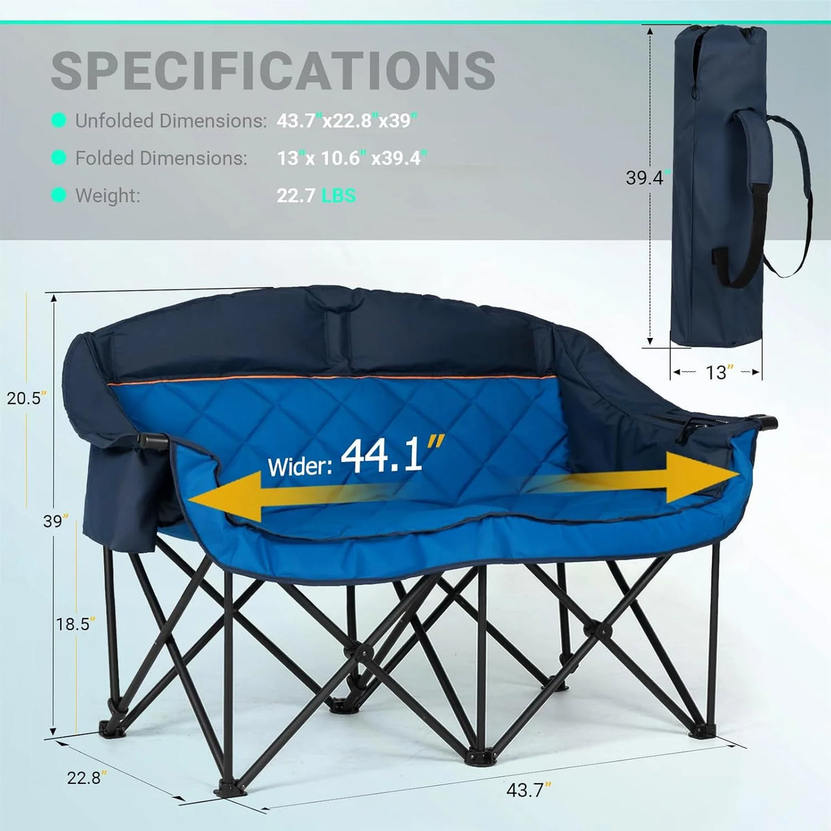 Extra Large Double Camping Chair - 2 Person Comfortable Sofa Chair Adult Loveseat - Heavy Duty Lawn Chair