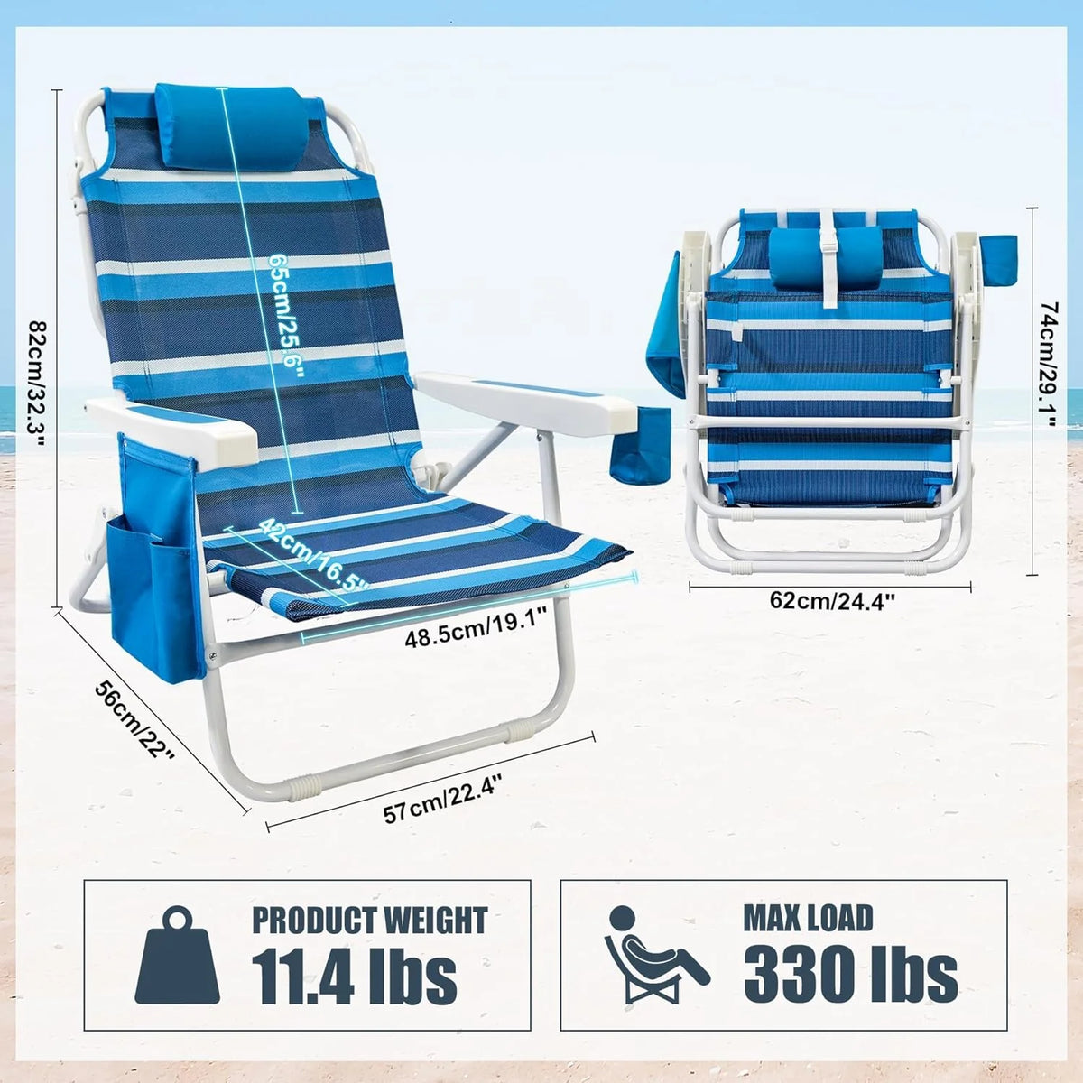 Beach Chair 2 Pack 5 Positions Textilene Folding Reclining Beach Chair with Backpack Straps Cooler Bag & Cup Holder for Outdoor Lawn Camping