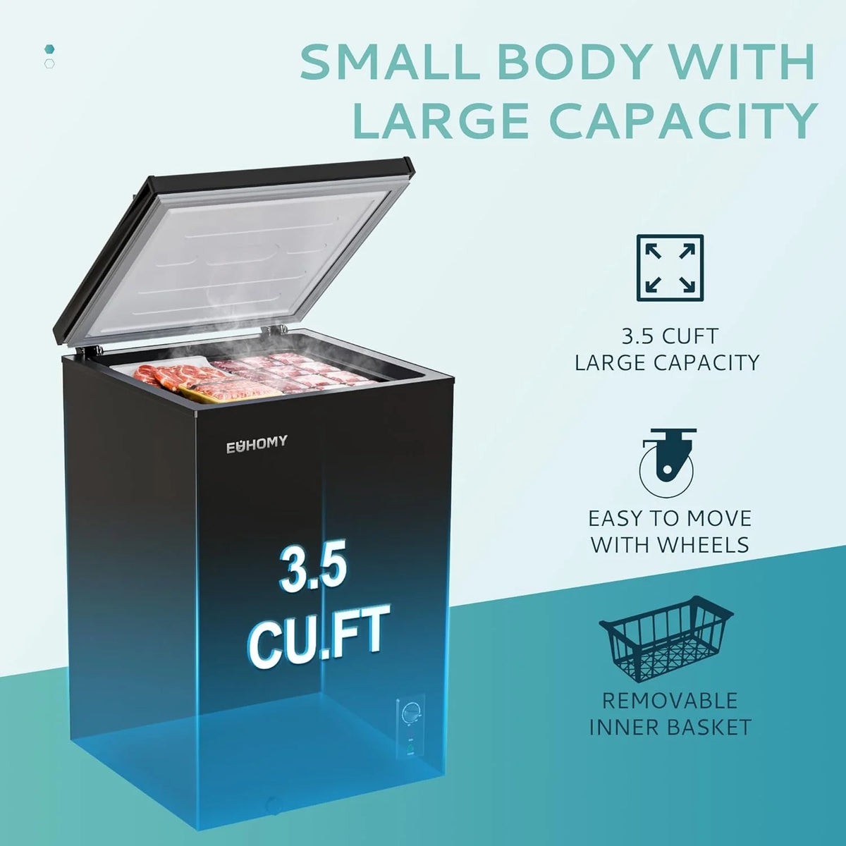 EUHOMY 3.5 Cu.Ft Chest Freezer with Removable Basket, Small Deep Freezer Adjustable 7 Thermostat, Quiet Mini Freezer Free-Standing Top Door, Energy Saving for Apartment/Garage/Basement/Dorm/Home,Black