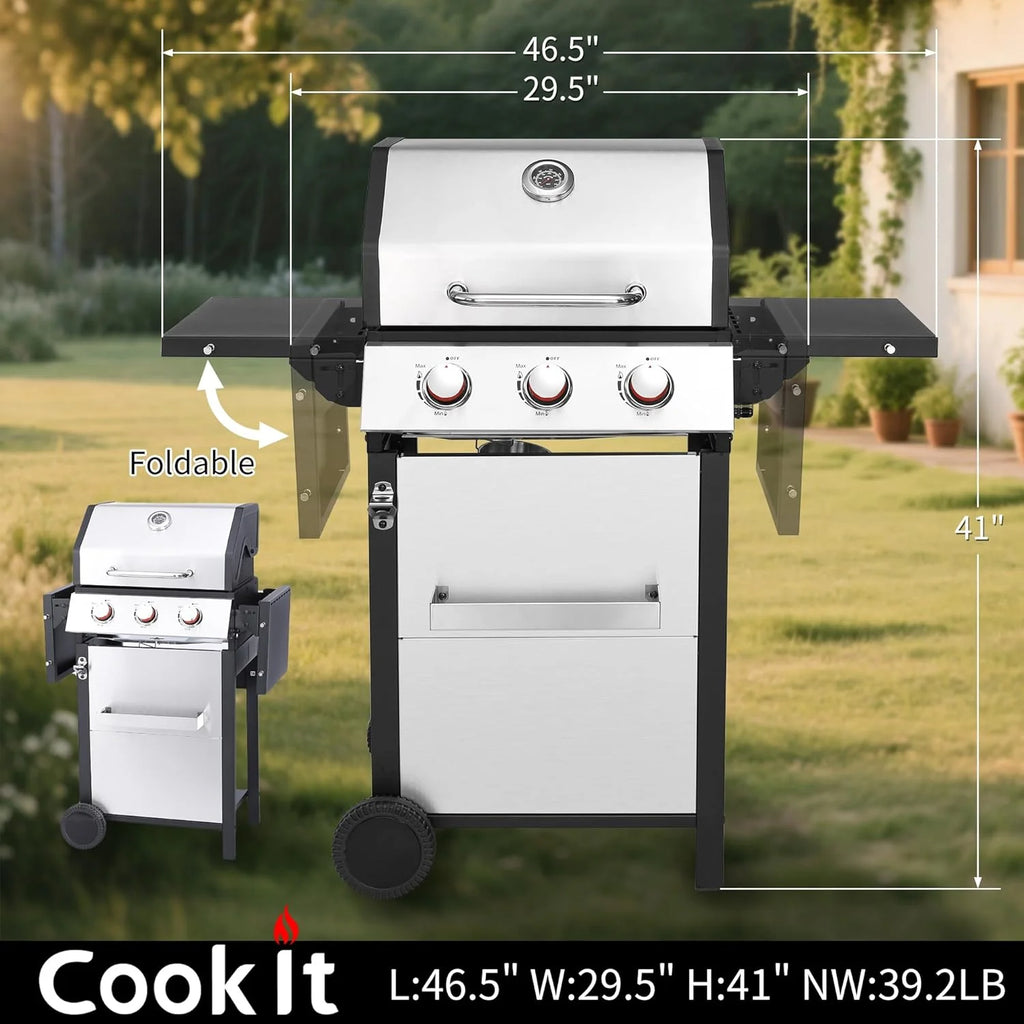 3-Burner Propane Gas Grill with 30,000 BTU Output - Double-layer Stainless Steel Grill Lid, Cast Iron Cooking Grids, Easy-Clean Grease Management & Even Heat Distribution for Perfect BBQs