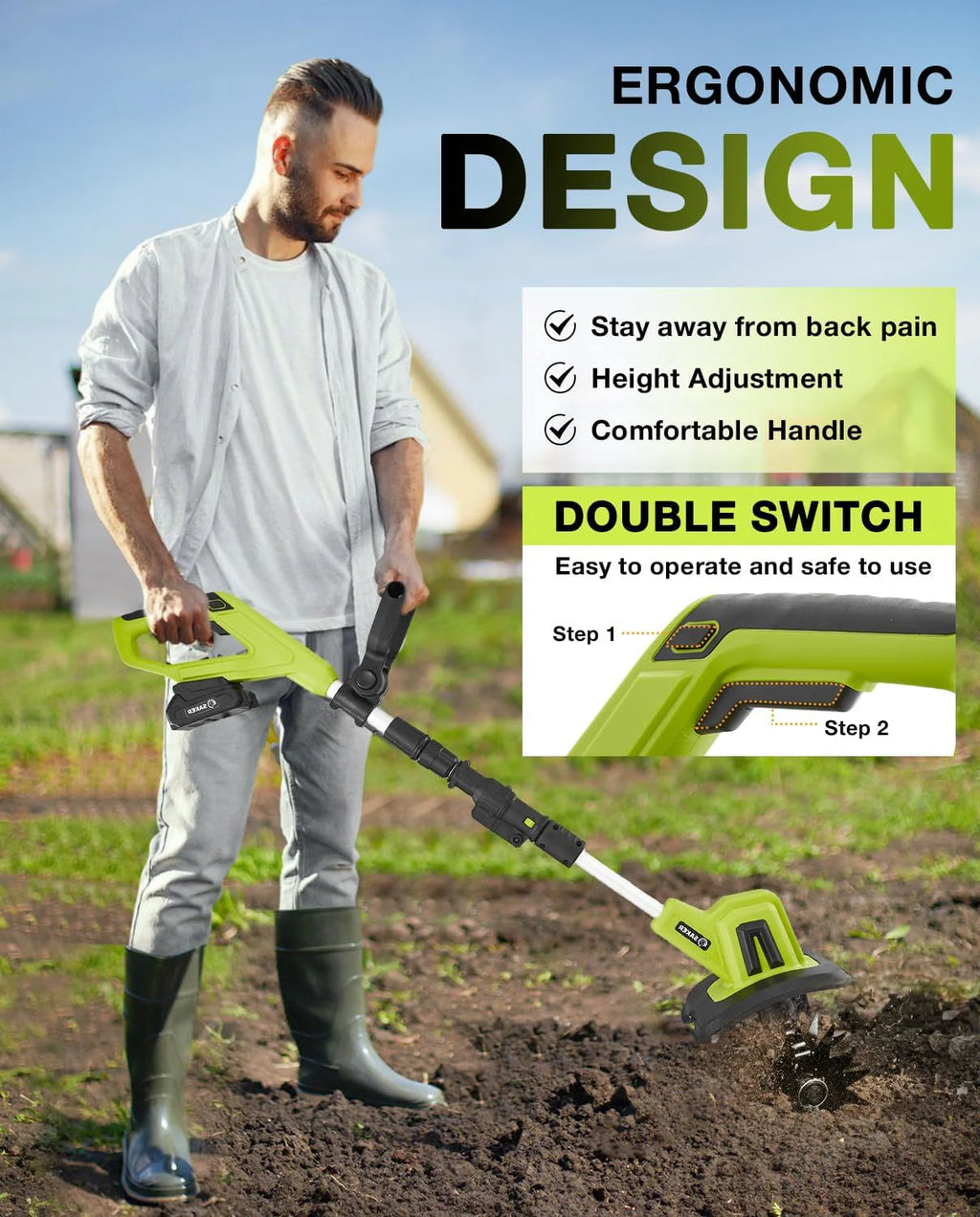 Saker 22V Cordless Electric Garden Tiller Cultivator, Lightweight Rototiller for Gardening, 9-Inch Tilling Width, 6.3-Inch Depth for Soil Preparation, Weeding, and Gardening 2 Batteries SK-TC18B