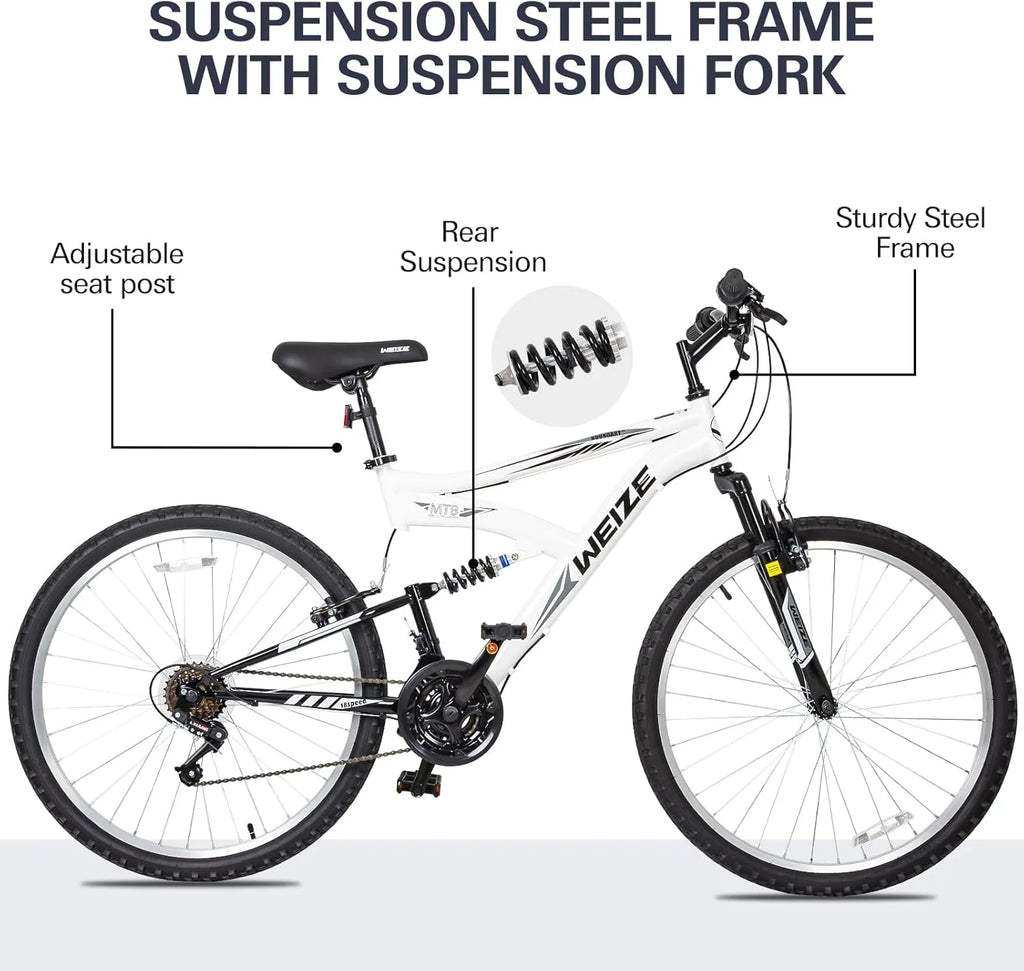WEIZE Mountain Bike, 26 27.5 inch Outdoor Hybrid Bikes,18-Speed/High-Carbon Steel/Dual Full Suspension, Adjustable Ergonomic Seat for Men Women Adult, MTB Bicycle with Suspension Fork,Sleek Colors