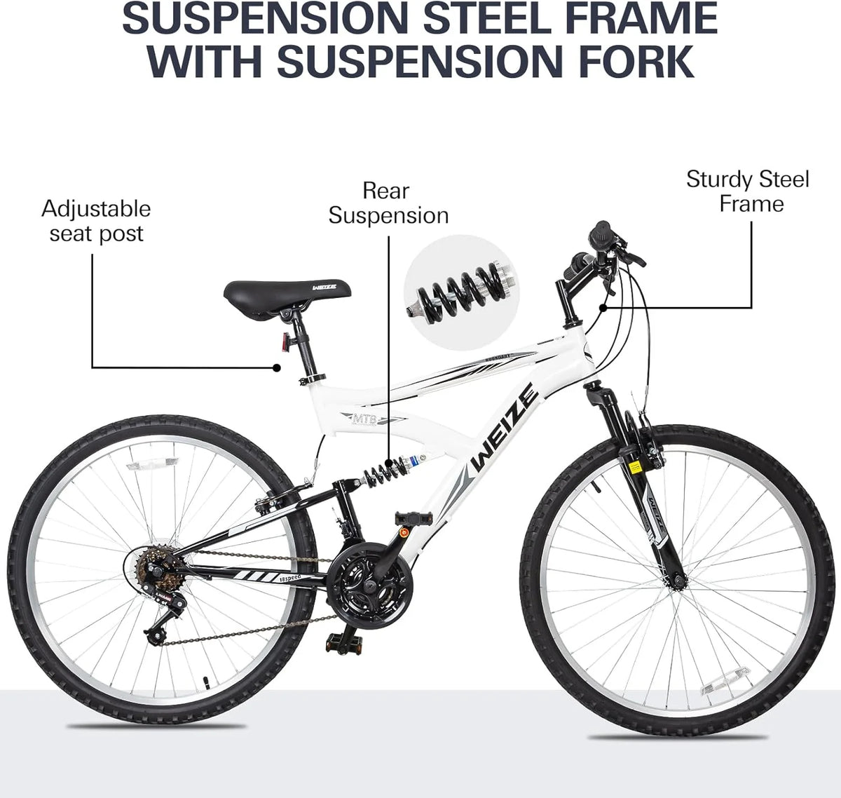 WEIZE Mountain Bike, 26 27.5 inch Outdoor Hybrid Bikes,18-Speed/High-Carbon Steel/Dual Full Suspension, Adjustable Ergonomic Seat for Men Women Adult, MTB Bicycle with Suspension Fork,Sleek Colors