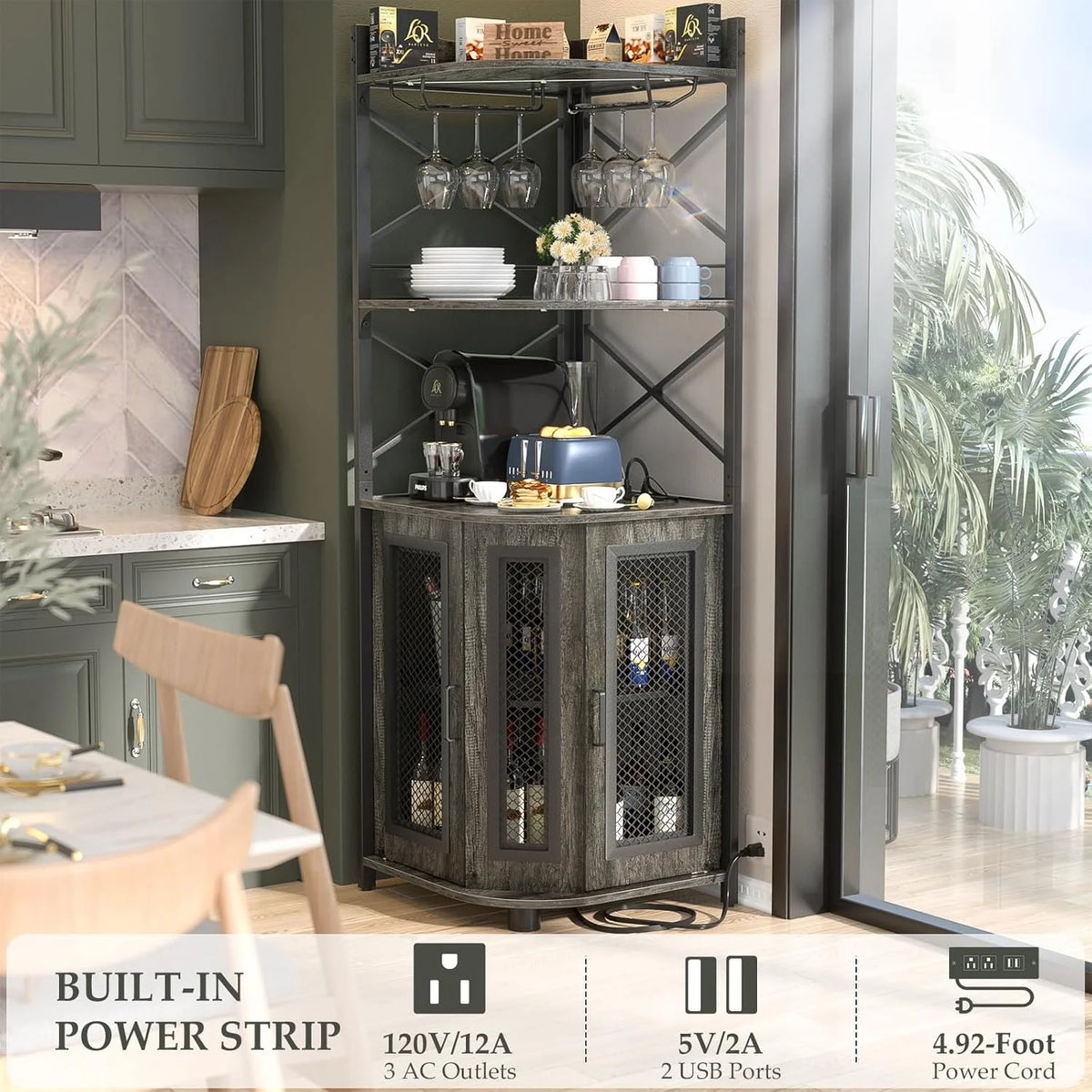 Corner bar cabinet with power socket, industrial style wine cabinet with LED light strip and glass rack, home five-layer wine cabinet bar unit, small space corner display cabinet