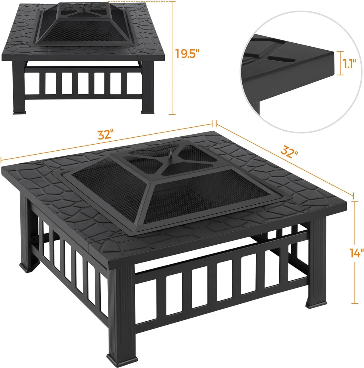 Yaheetech Multifunctional Fire Pit Table 32in Square Metal Firepit Stove Backyard Patio Garden Fireplace for Camping, Outdoor Heating, Bonfire and Picnic