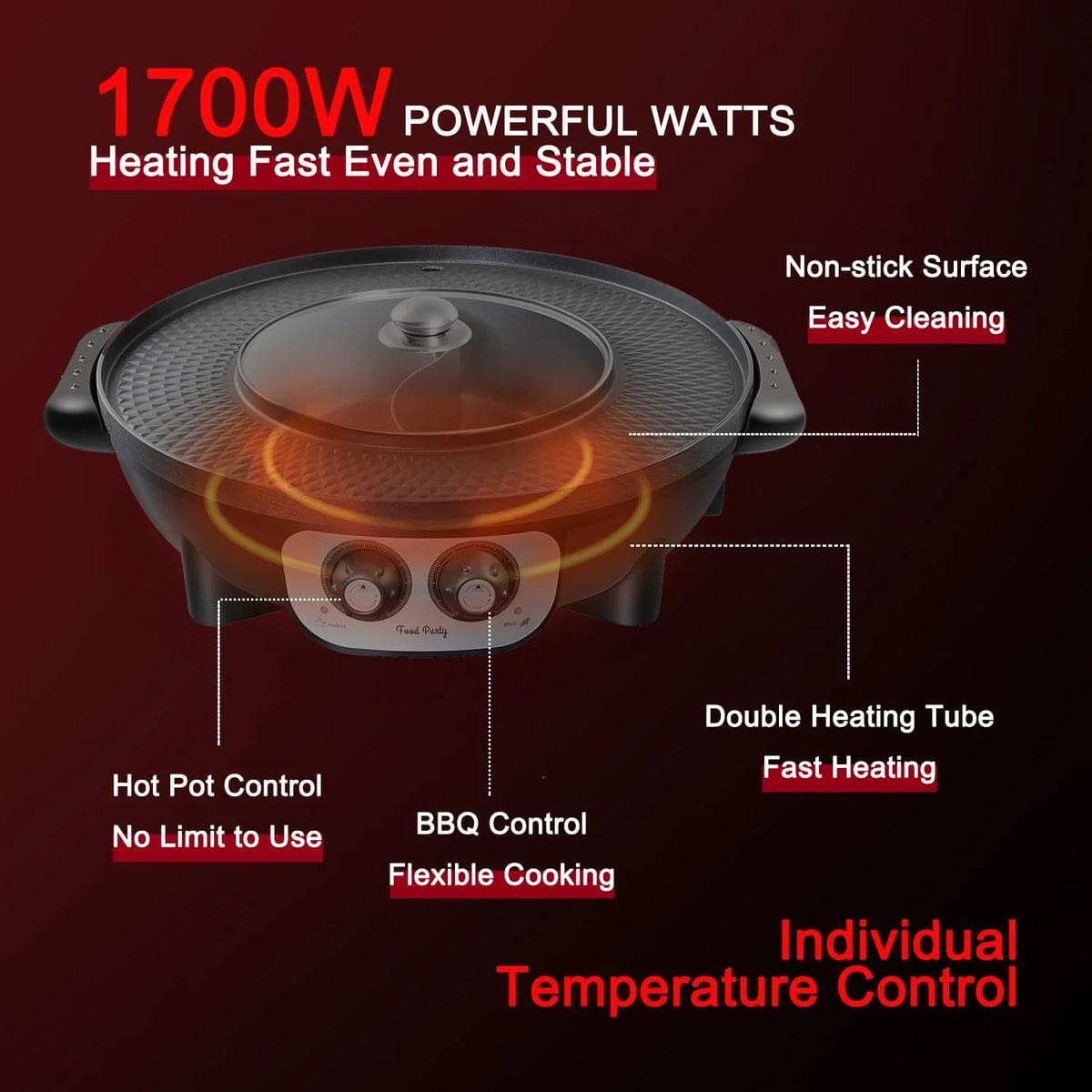 Food Party Hot Pot with Grill 2 in 1 Electric Smokeless Grill and Hotpot Pot Combo Korean BBQ Grill 110V 1700W