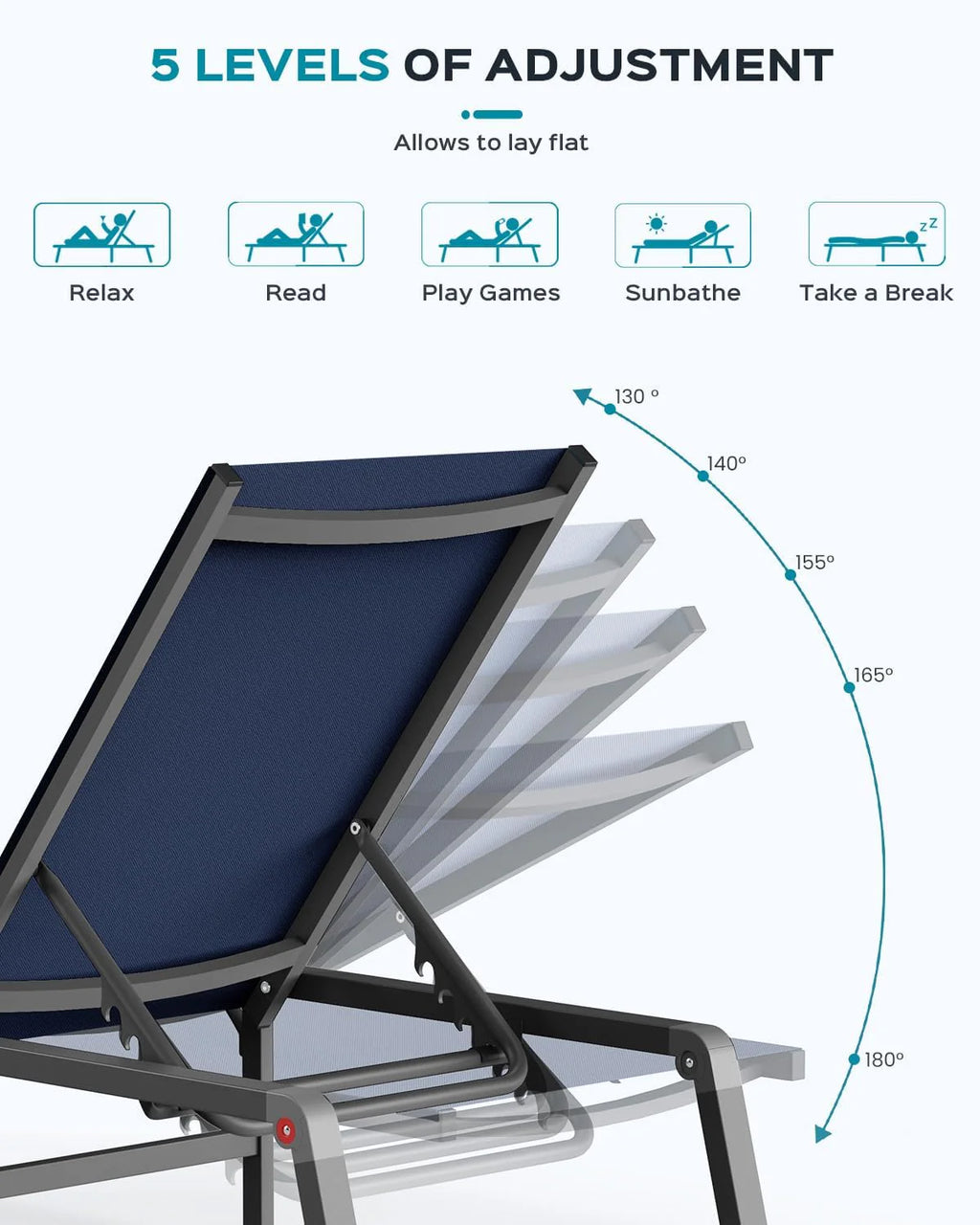 Aluminum Chaise Lounge Ourdoor - Foldable & Assemble Free Outdoor Lounge Chair with 5 Adjustable Backrest, Patio Lounge Chair for Outside Poolside Beach Pool, Black