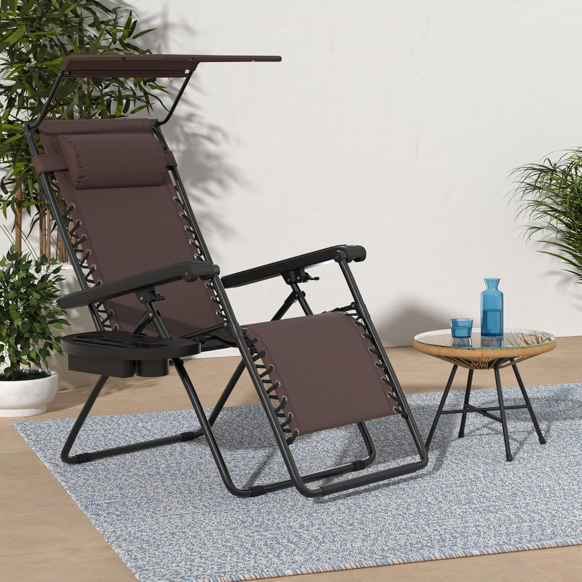 Best Choice Products Folding Zero Gravity Outdoor Recliner Patio Lounge Chair w/Adjustable Canopy Shade, Headrest, Side Accessory Tray, Textilene Mesh - Peacock Blue
