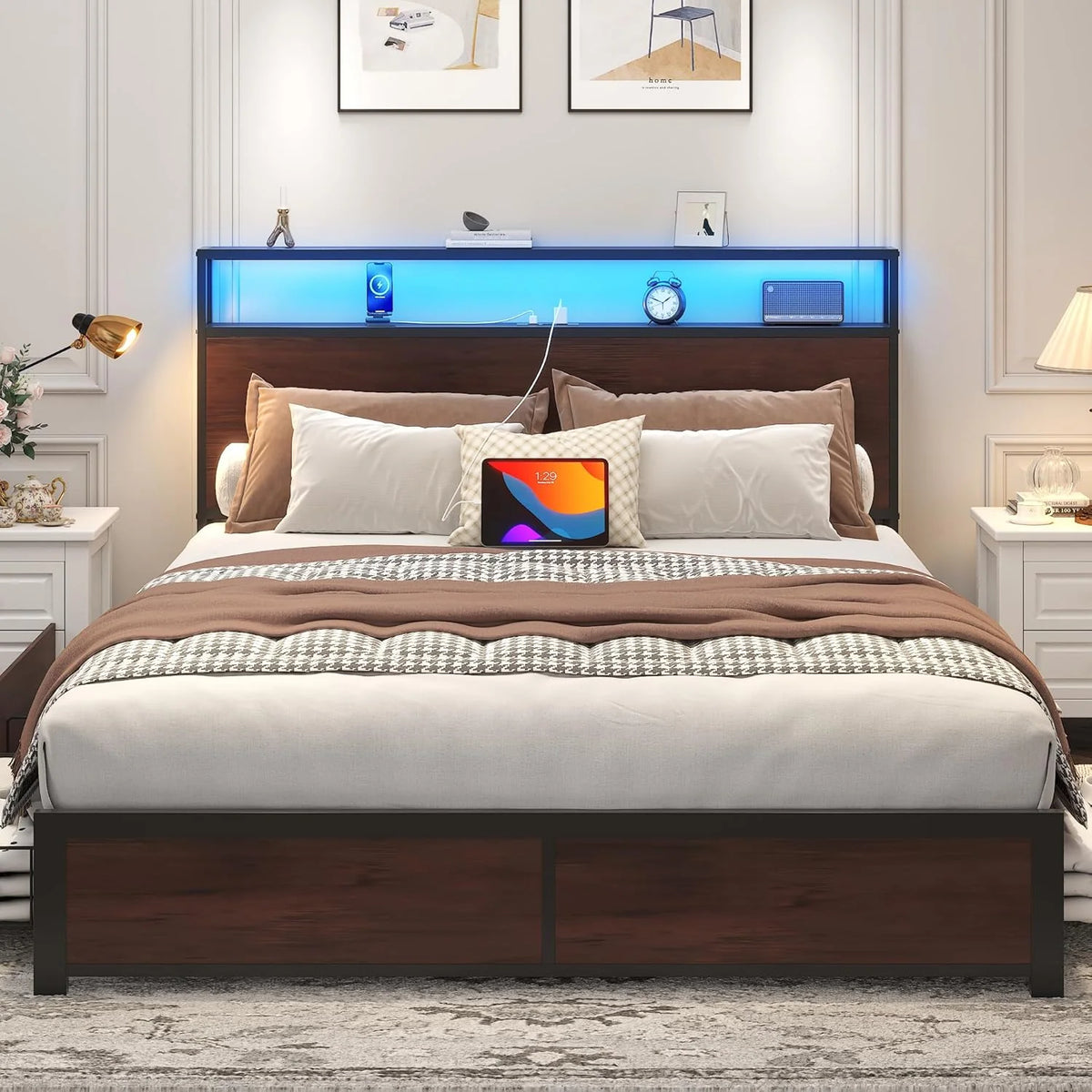 Lifezone Queen Bed Frame with 2-Tier Storage Headboard, Metal Platform Bed Frame with 4 Storage Drawers, Built in Charging Station & LED, Noise-Free/Metal Support/No Box Spring Needed