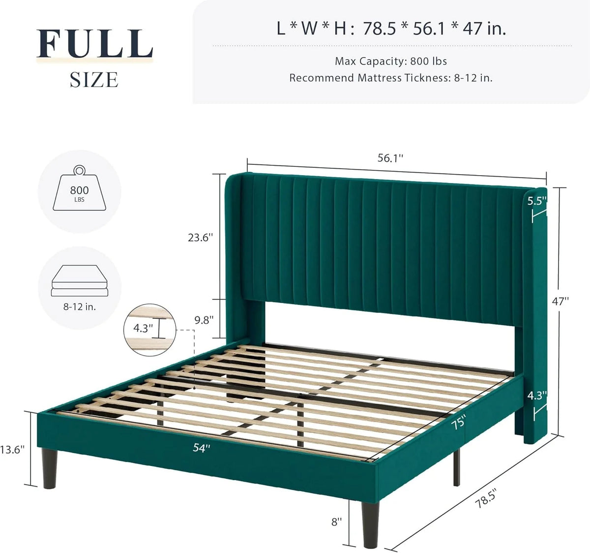 Allewie Full Size Velvet Bed Frame Vertical Channel Tufted Wingback Headboard Upholstered Bed