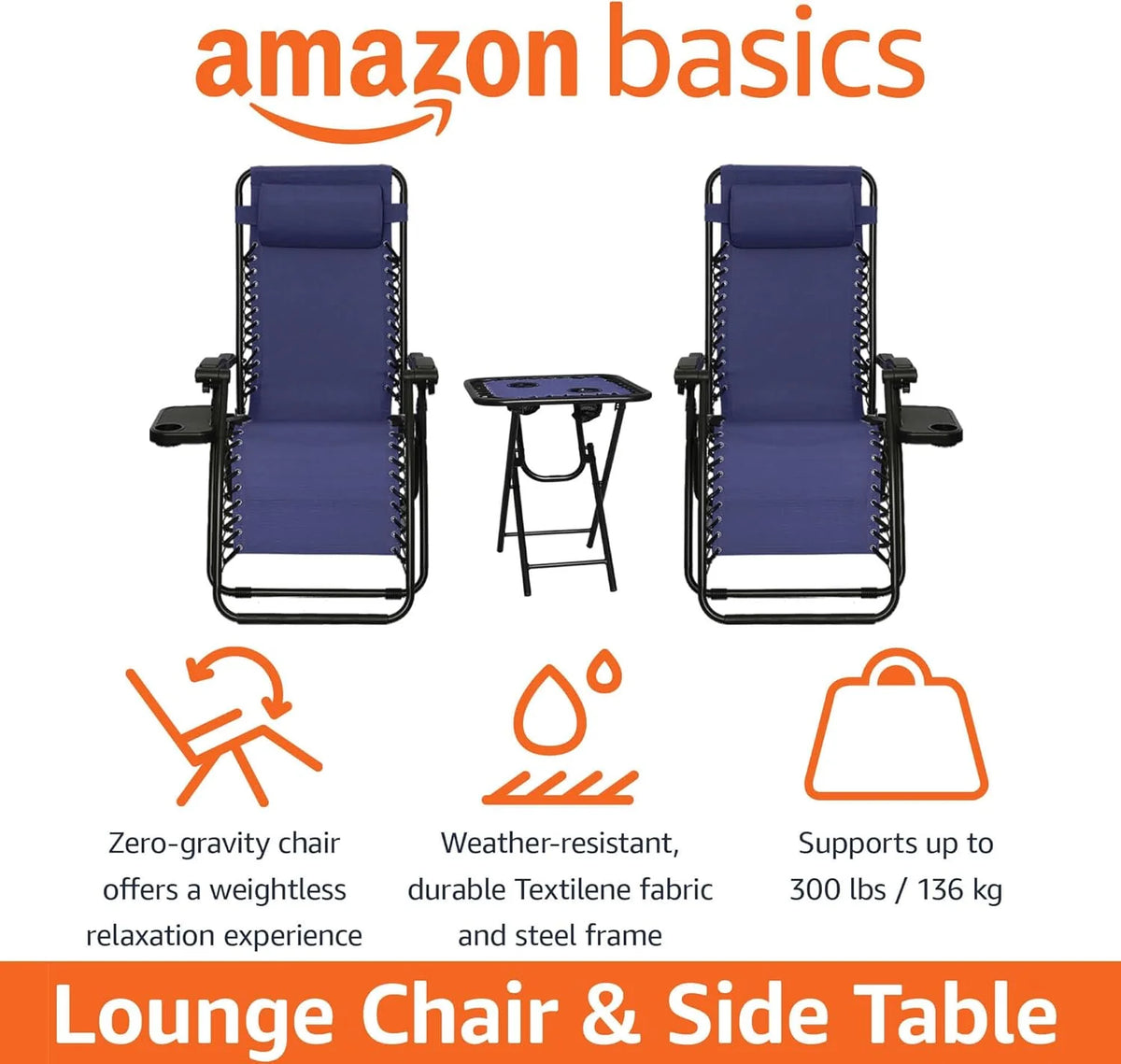 Amazon Basics Outdoor Patio Mesh Adjustable Zero Gravity Lounge Chair Recliners set of 2 with Side Table, 35 x 26 x 43 inches, Beige