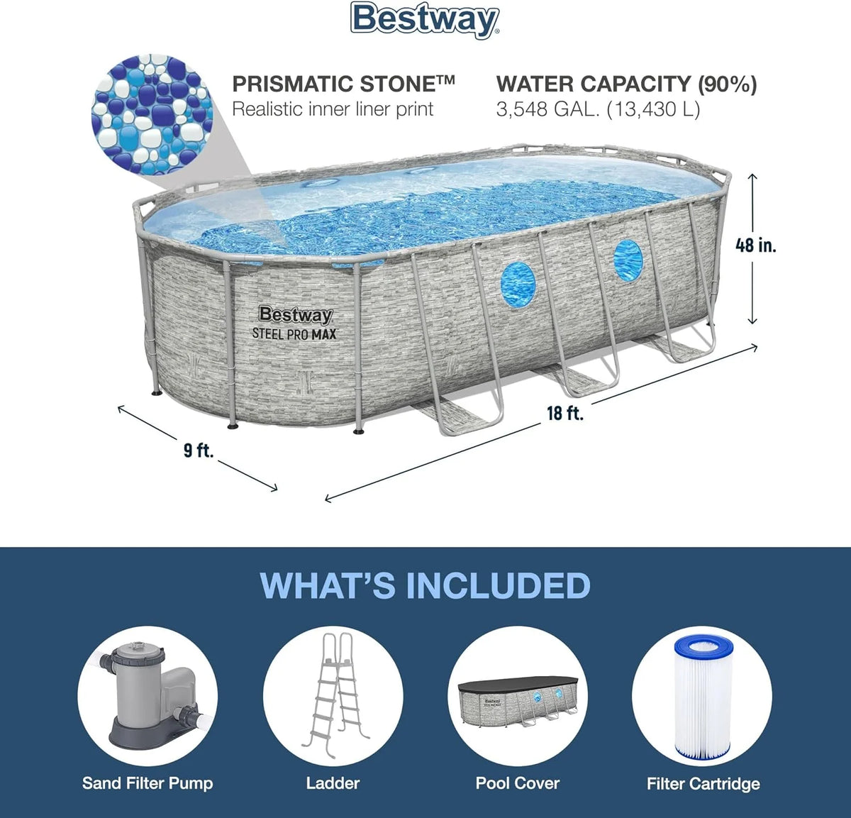 Power Steel Swim Vista Series II 14' x 8' 2 x 39.5 Above Ground Outdoor Swimming Pool Set with 530 GPH Filter Pump, Ladder, and Pool Cover