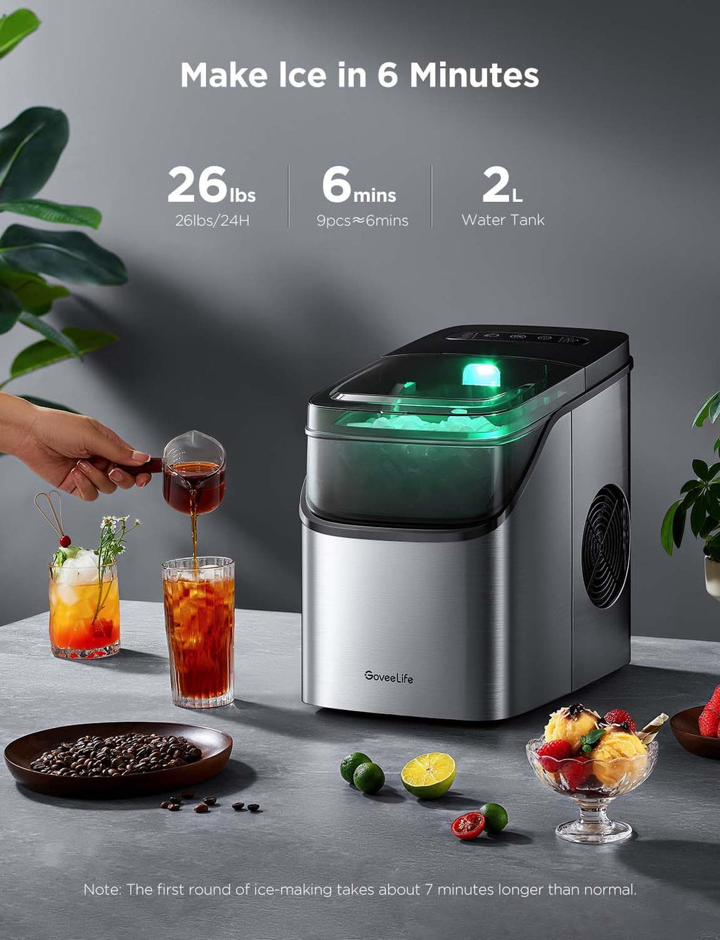 GoveeLife Smart Ice Maker Countertop, Portable Ice Machine with Voice Control, 9 Ice Cubes in 6 Minutes 3 Sizes, 26lbs/24Hrs, Self Cleaning RGB Lights, Quiet Ice Maker with Scoop for Kitchen Black
