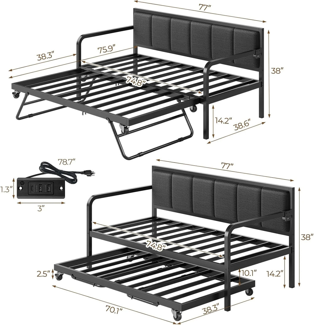 Rolanstar Daybed with Charging Station and LED Lights, Height Adjustable Twin Daybed with Trundle, Metal Sofa Bed Frame with Steel Slat Support
