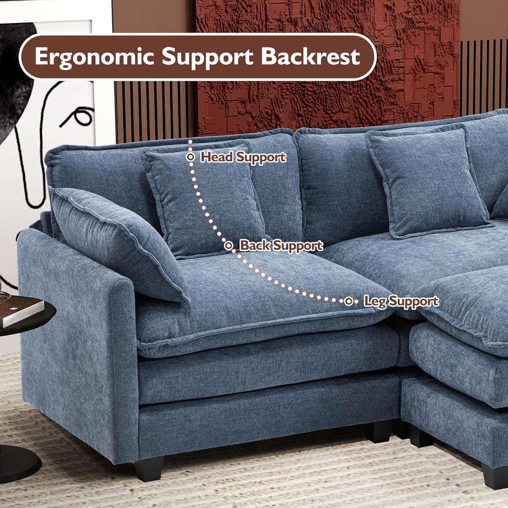 111.4 Inch L Shaped Modern Sofa Modular Cloud Sofa with Ottoman 4 Seater Chenille Deep Seat Sofa