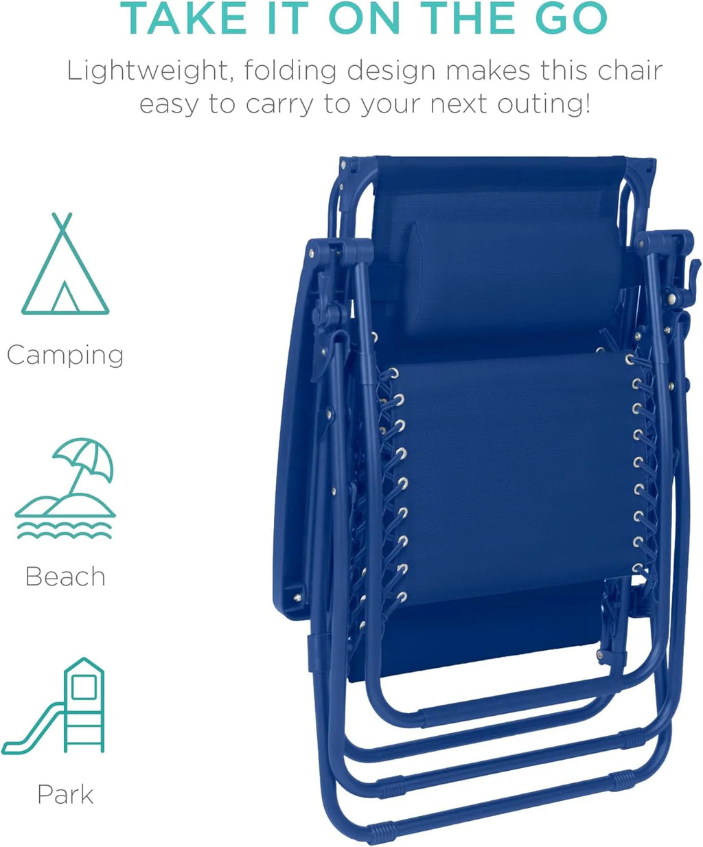 Best Choice Products Folding Zero Gravity Outdoor Recliner Patio Lounge Chair w/Adjustable Canopy Shade, Headrest, Side Accessory Tray, Textilene Mesh - Peacock Blue