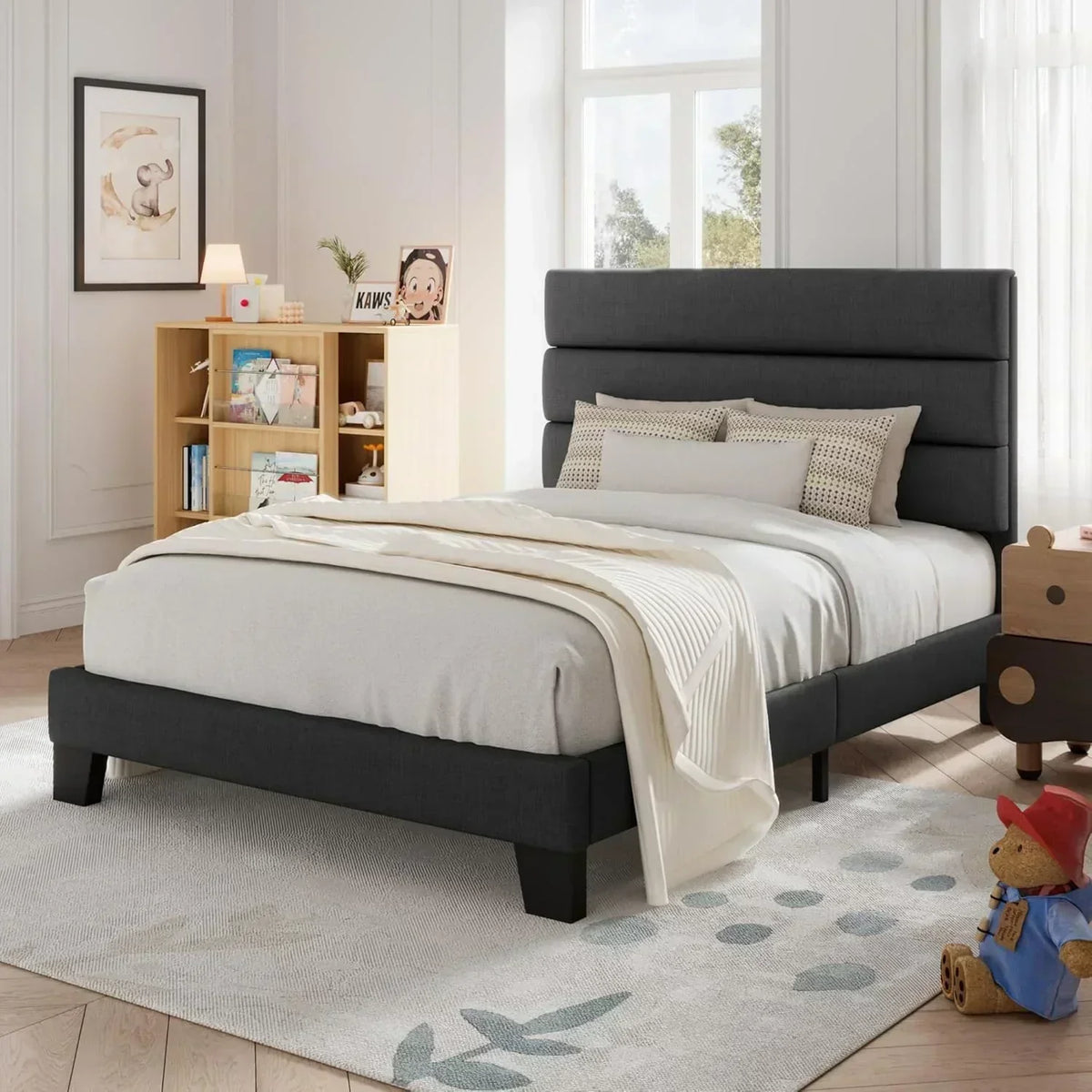 Allewie King size platform bed frame with velvet upholstered headboard and planks