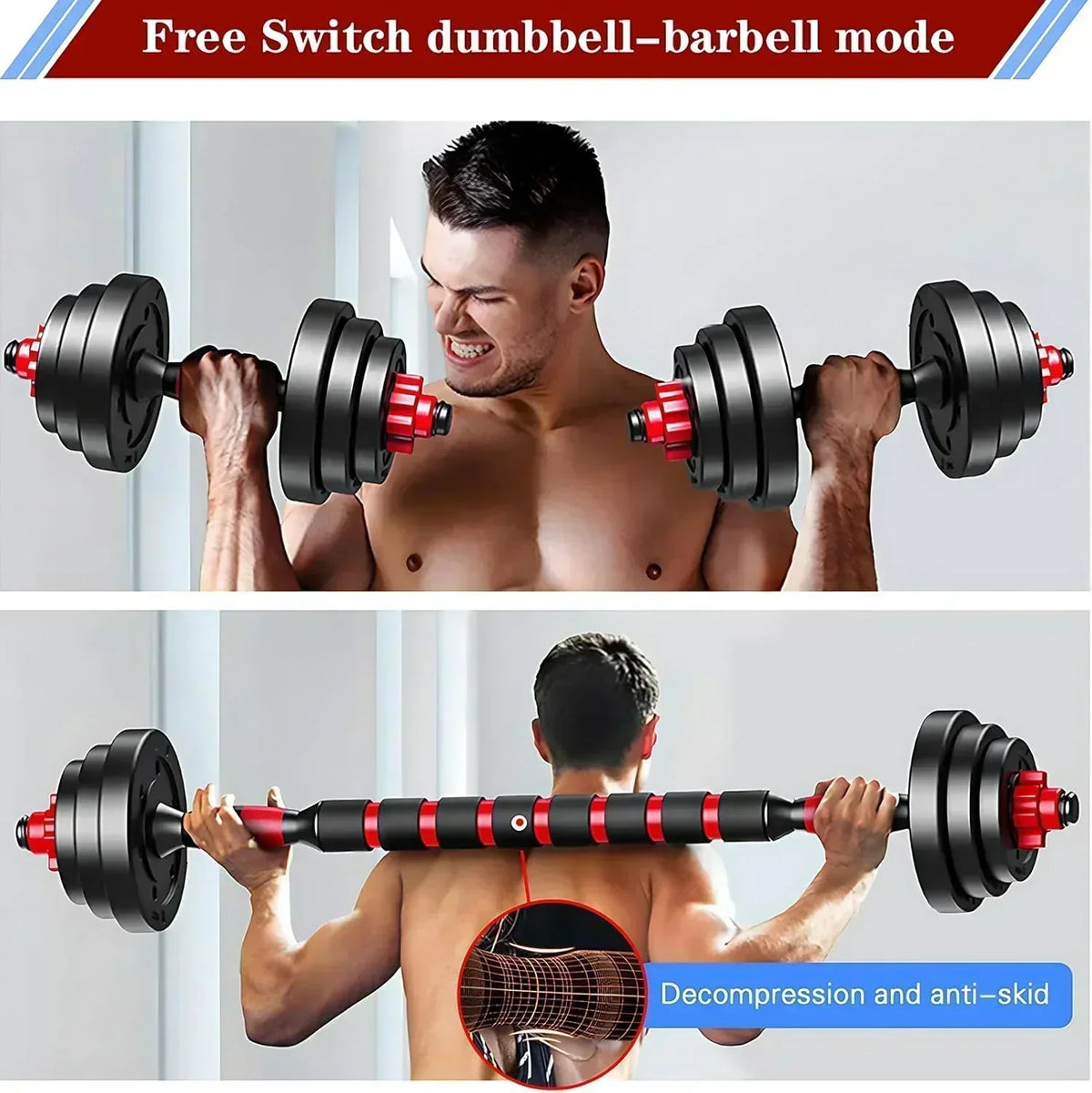 Adjustable dumbbell set, free weight dumbbell pair convertible into barbell
