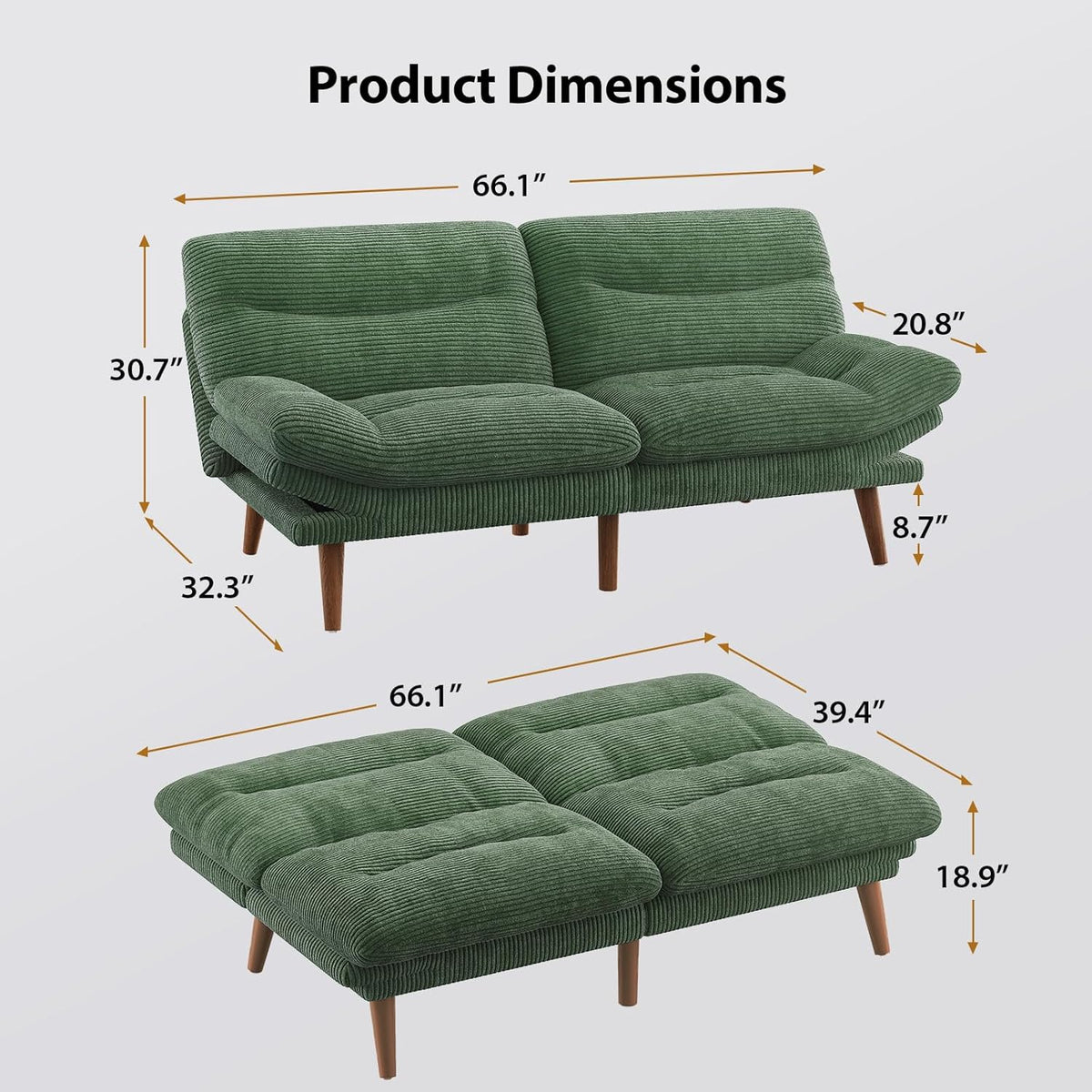 Convertible Futon Sofa Bed 66 Inch Corduroy Futon Sofa Recliner Sofa Bed for Small Spaces