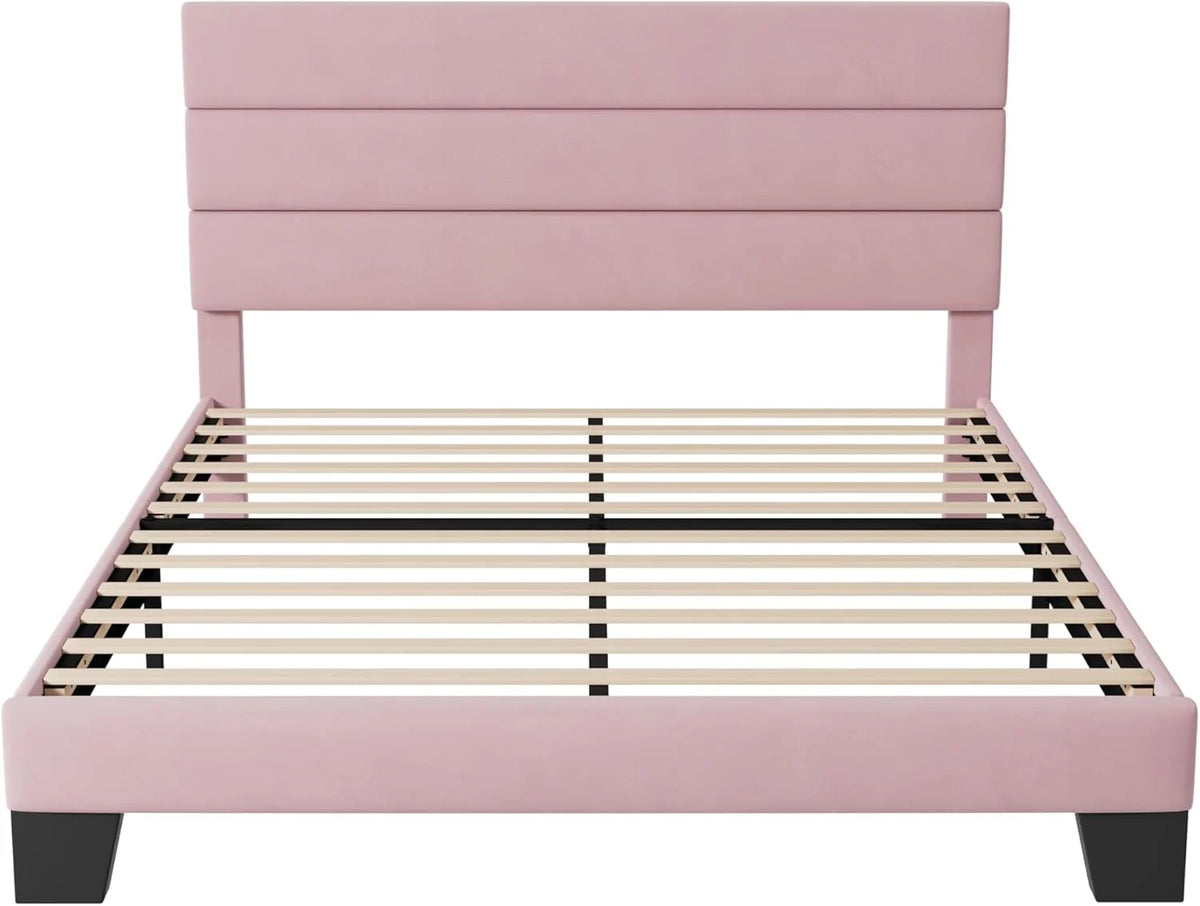 Allewie King size platform bed frame with velvet upholstered headboard and planks