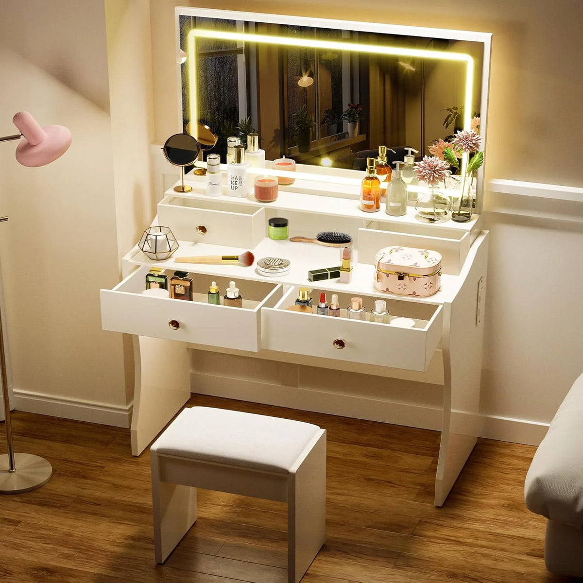 COMHOMA Makeup Vanity Desk with Mirror and Lights, Vanity Table and Chair Set