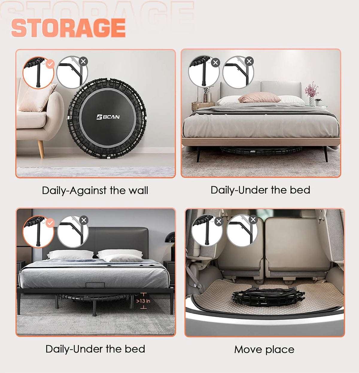 BCAN 450/550 LBS Foldable Mini Trampoline, 40/48 Fitness Trampoline with Bungees, U Shape Adjustable Foam Handle, Stable & Quiet Exercise Rebounder for Adults Indoor/Outdoor Workout
