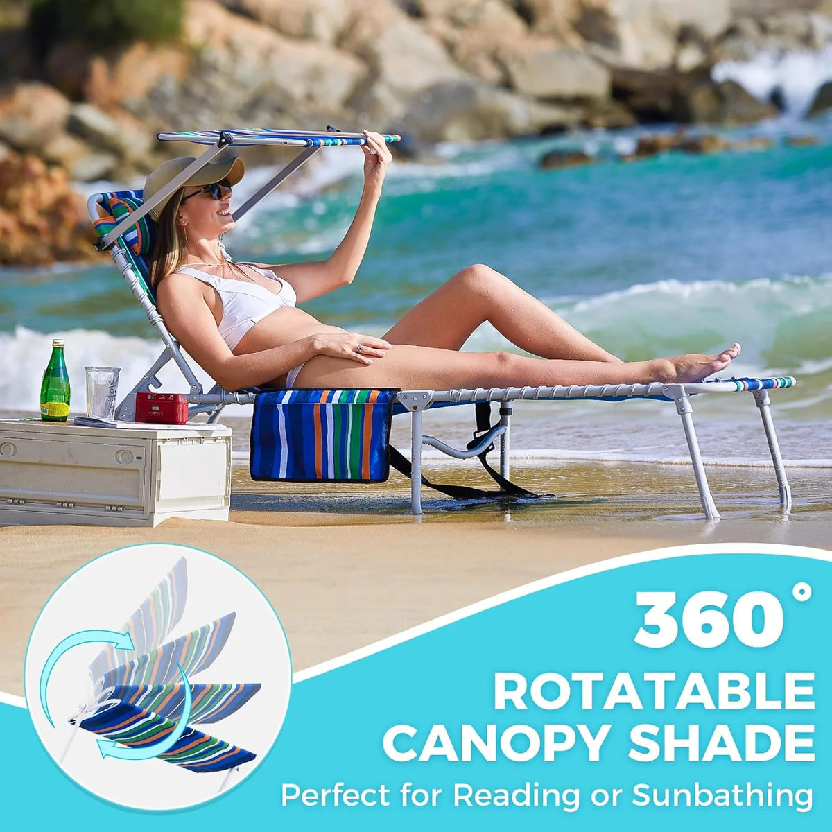 2 Pack Outdoor Chaise Lounge Chair - Portable Folding Patio Pool Lounge Chair, 5 Positions Adjustable Reclining Camping Chair with Side Table,Shoulder Strap, Pillow for Beach Sunbathing Lawn