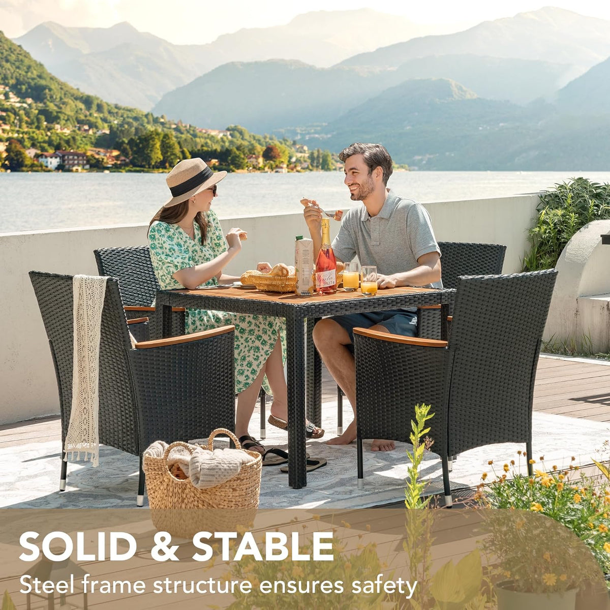 Devoko Dining 7 PCS Furniture Patio Conversation Set with Acacia Wood Table Top Rattan Outdoor