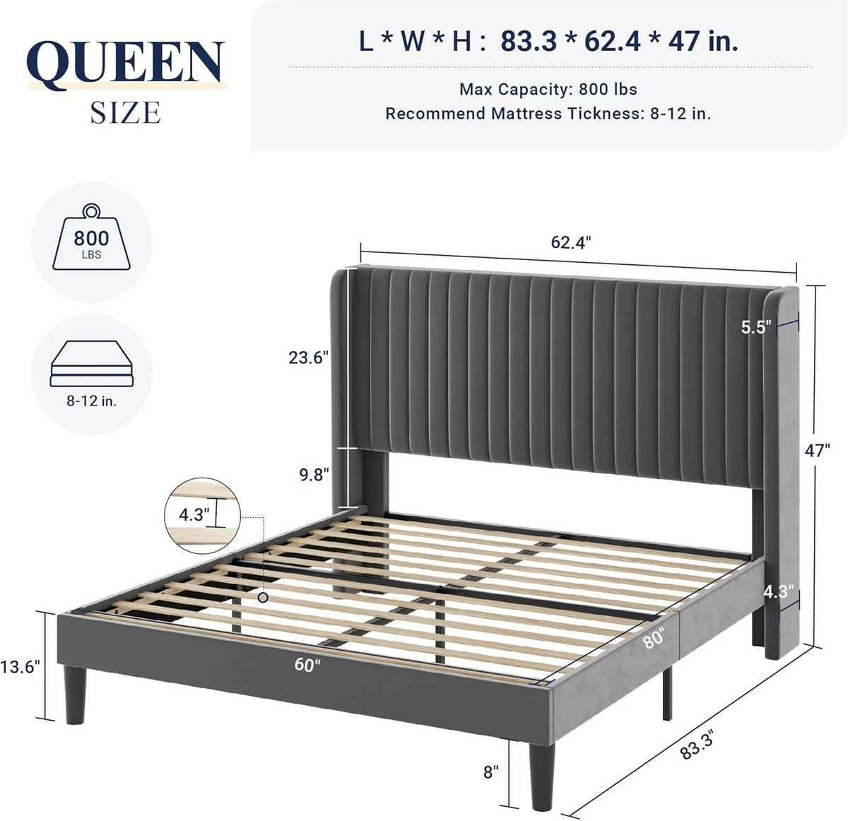Allewie Full Size Velvet Bed Frame Vertical Channel Tufted Wingback Headboard Upholstered Bed