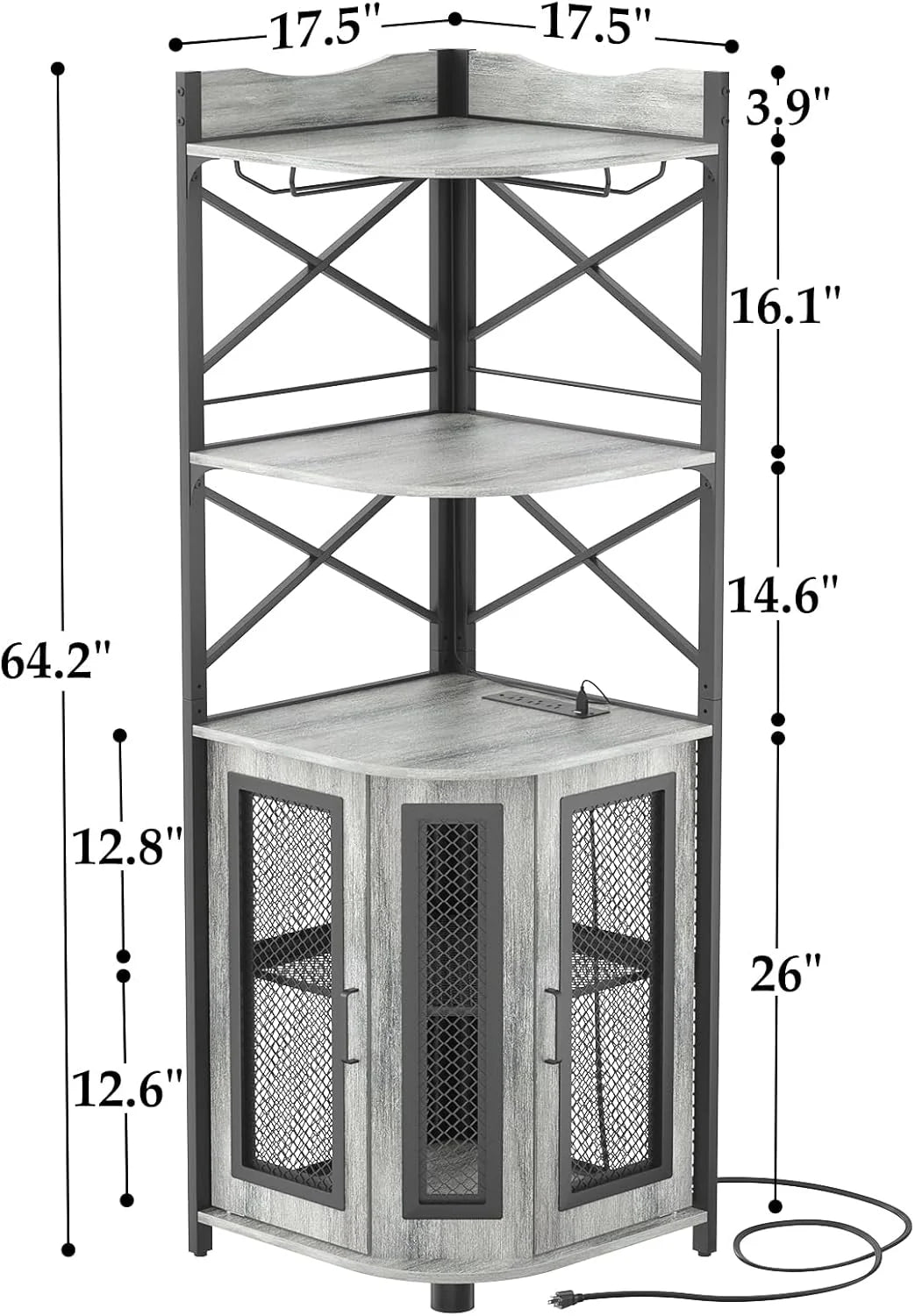 Corner bar cabinet with power socket, industrial style wine cabinet with LED light strip and glass rack, home five-layer wine cabinet bar unit, small space corner display cabinet