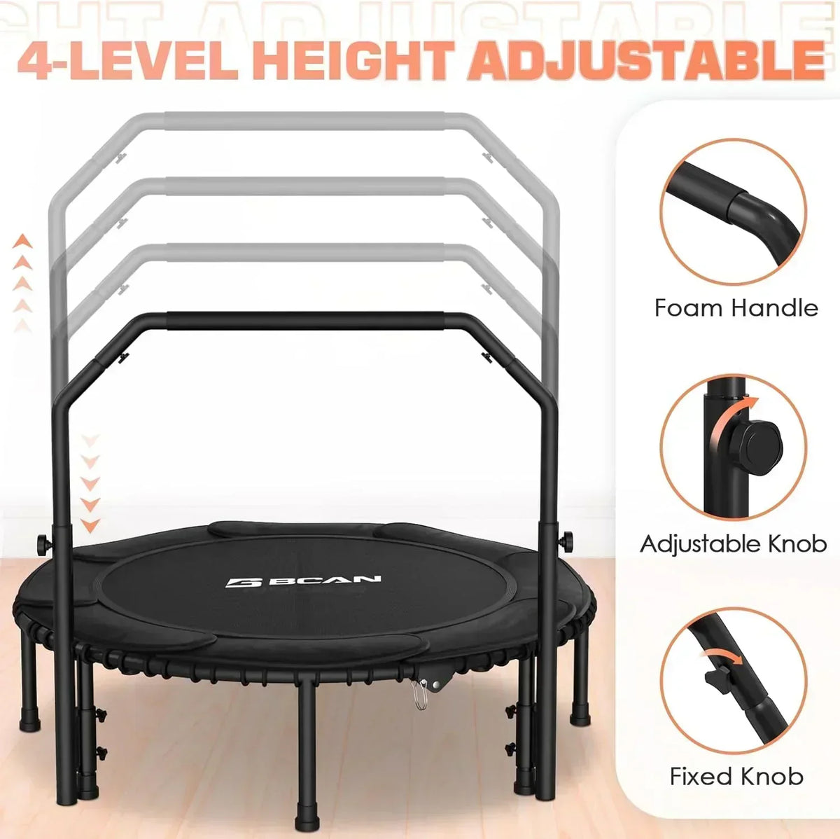 BCAN 450/550 LBS Foldable Mini Trampoline Fitness Trampoline Bungees Adjustable Foam Handle