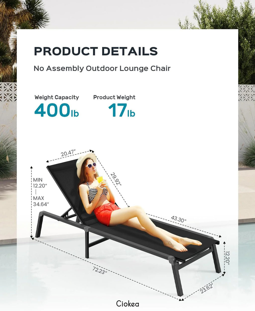 Aluminum Chaise Lounge Ourdoor - Foldable & Assemble Free Outdoor Lounge Chair with 5 Adjustable Backrest, Patio Lounge Chair for Outside Poolside Beach Pool, Black