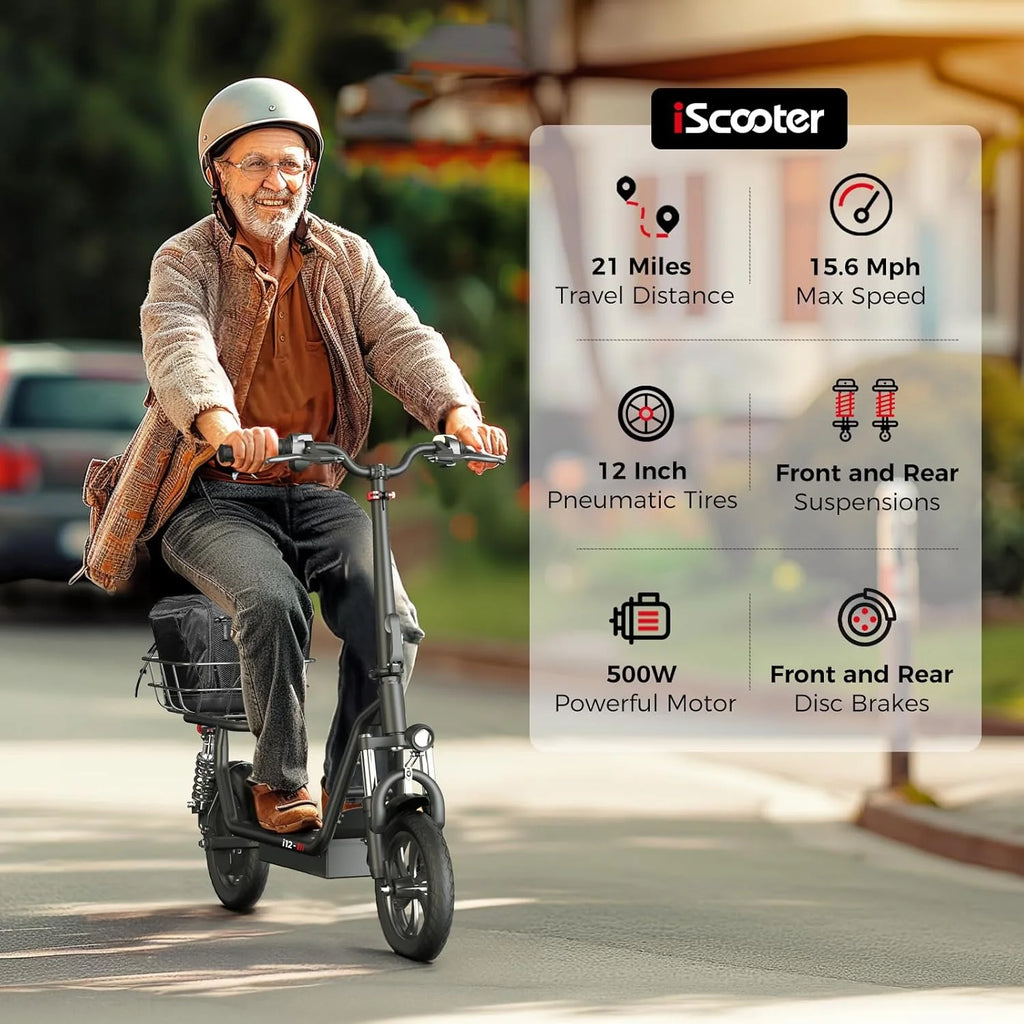iScooter electric scooter with seat, 37/21 mile range, 28/19/15.6 mph top speed, dual suspension scooter with basket