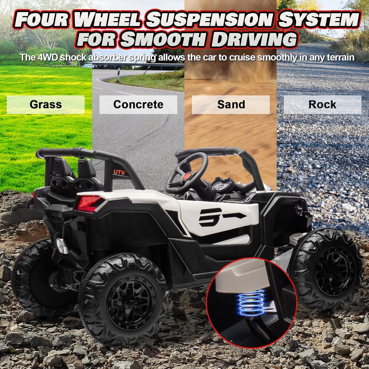 JOYRACER Kids Remote Control Car with 4 x 150W Motors, Shock Absorbers, Bluetooth, MP3 Player, and Headlights