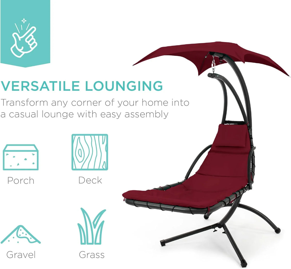Best Choice Products Outdoor Hanging Curved Steel Chaise Lounge Chair Swing w/Built-in Pillow and Removable Canopy - Charcoal Gray