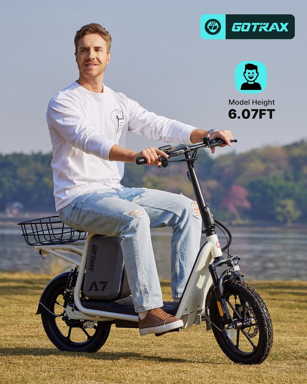 Gotrax adult electric scooter with seat, maximum range of 19-25 miles, all-terrain tires, wide pedals, padded seat, and carrycot