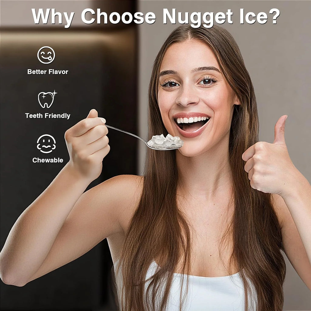 Nugget Ice Makers Countertop, Pebble Ice Machine with Chewable Pellet Ice, 34Lbs/24H, Self-Cleaning, Sonic Ice, One-Click Operation, for Kitchen,Office Stainless Steel Silver