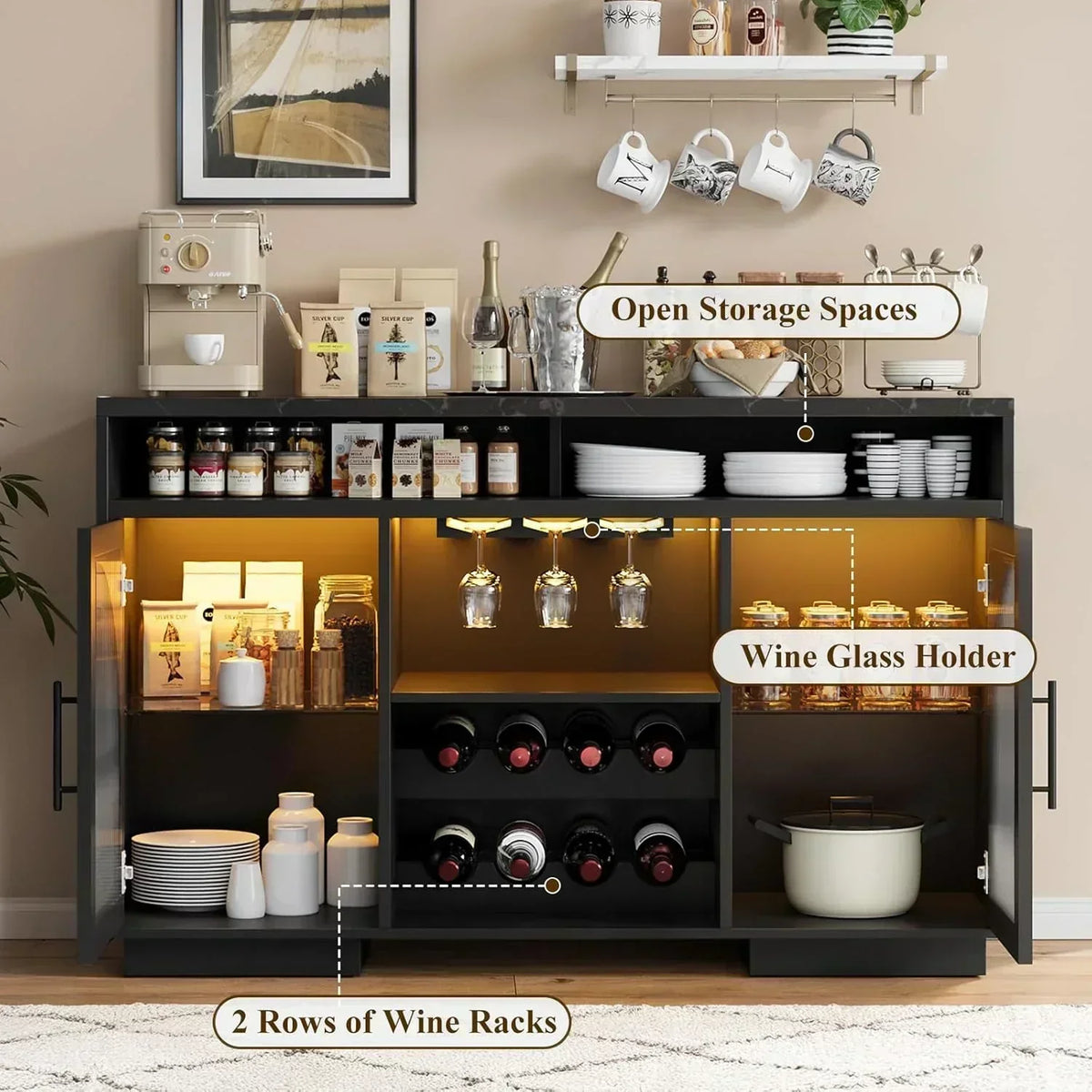 Sideboard 54-inch kitchen cabinet with LED lights and arched glass doors tall bar cabinet