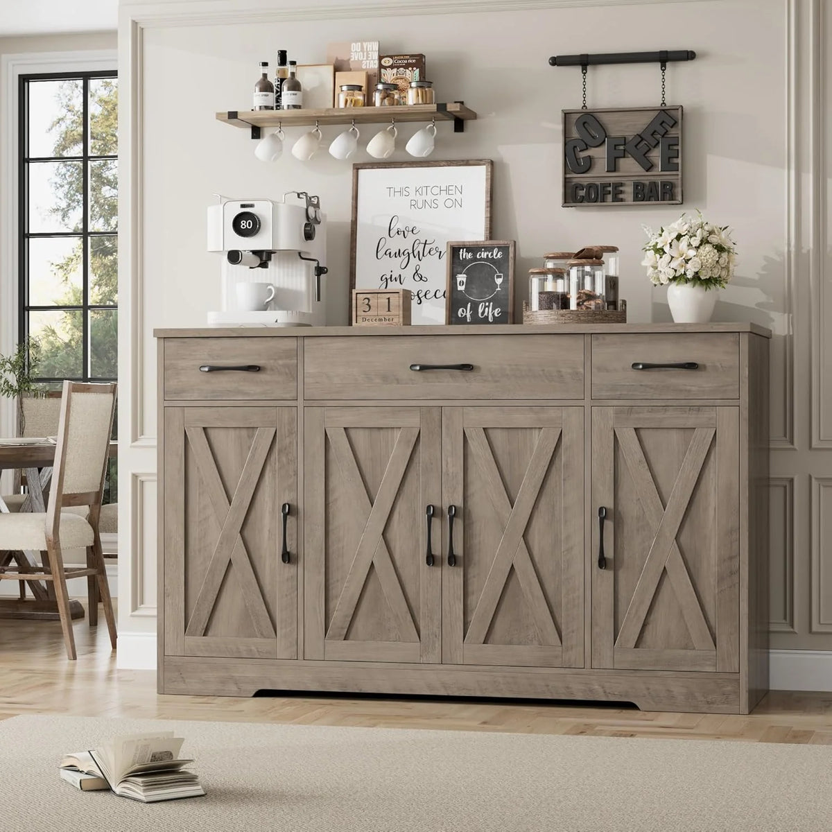 Sideboard with drawers, large 55-inch sideboard, sideboard storage with shelves and doors, modern farmhouse coffee bar wood kitchen dining table