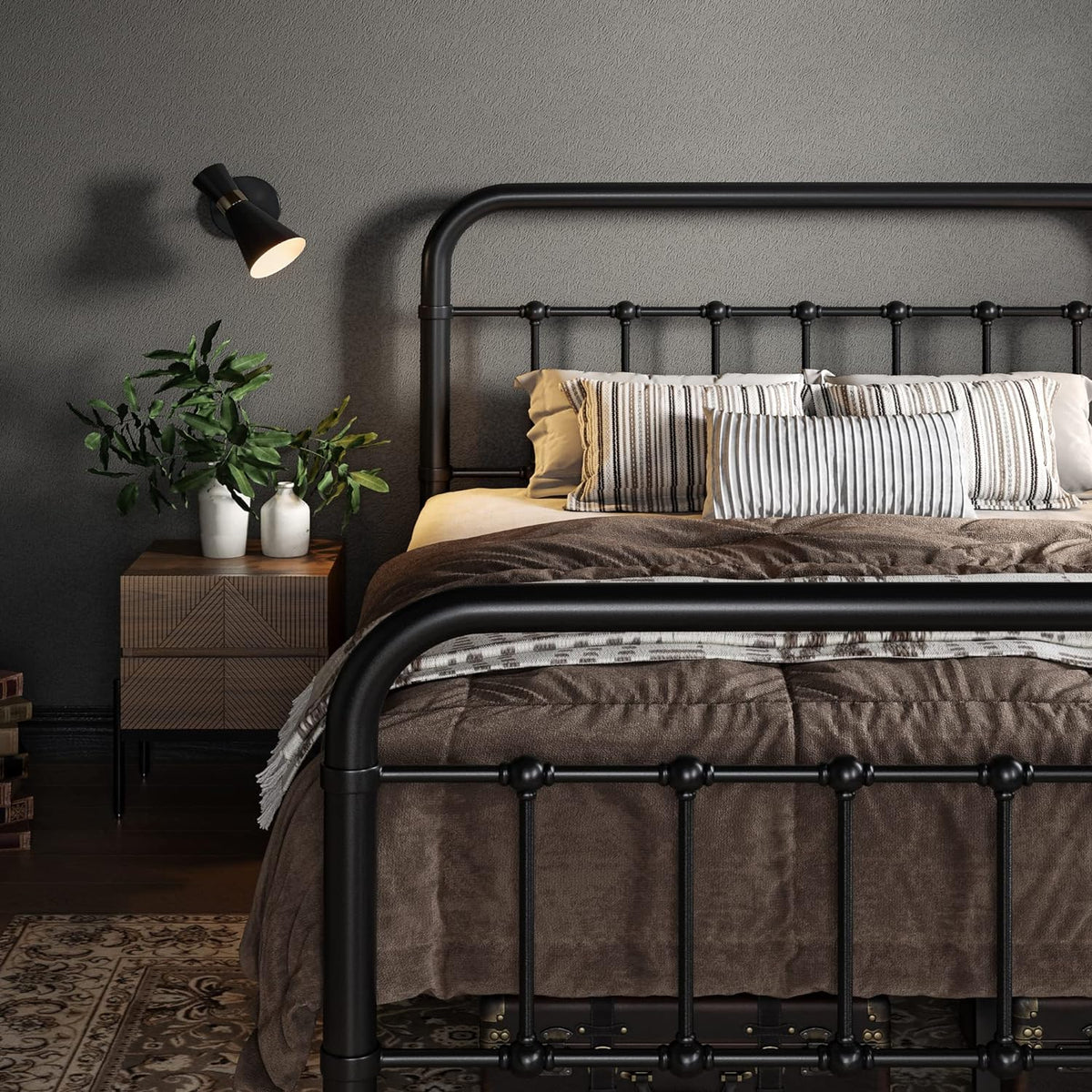 Allewie Queen Size Metal Platform Bed Frame with Victorian Style Wrought Iron-Art Headboard