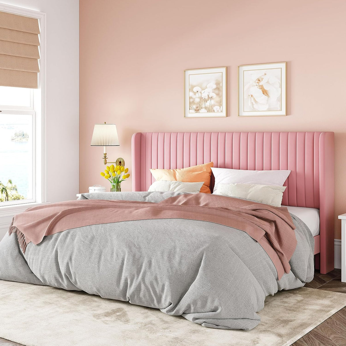 Allewie Full Size Velvet Bed Frame Vertical Channel Tufted Wingback Headboard Upholstered Bed