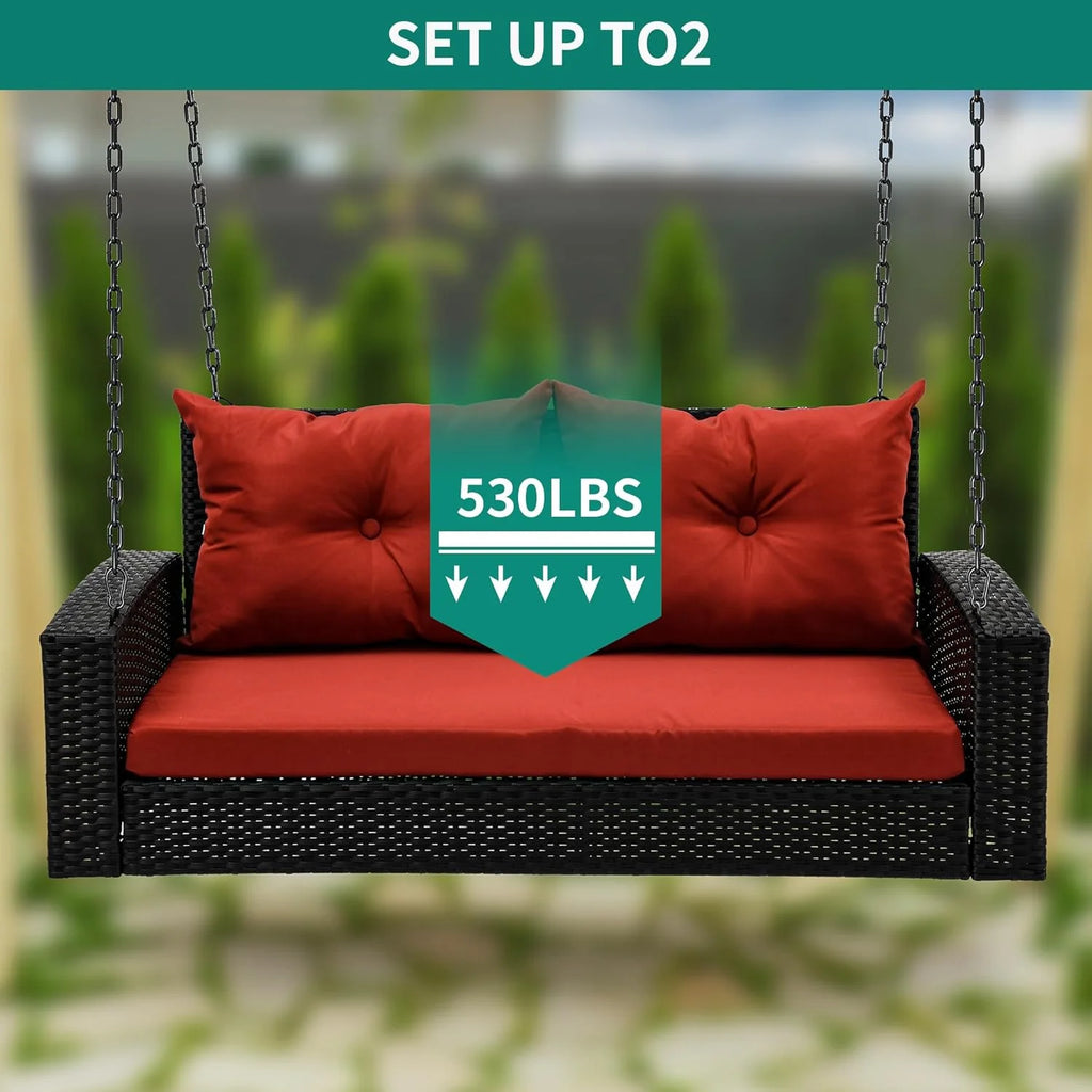 YITAHOME Hanging Porch Swing Chair Sits 3 People, Wicker Outdoor Swing Bench, Patio Lounge Chair, 1 Seating Cushion and 3 Back Cushions, w/Removable Covers, for Garden, Balcony, Backyard, Brown